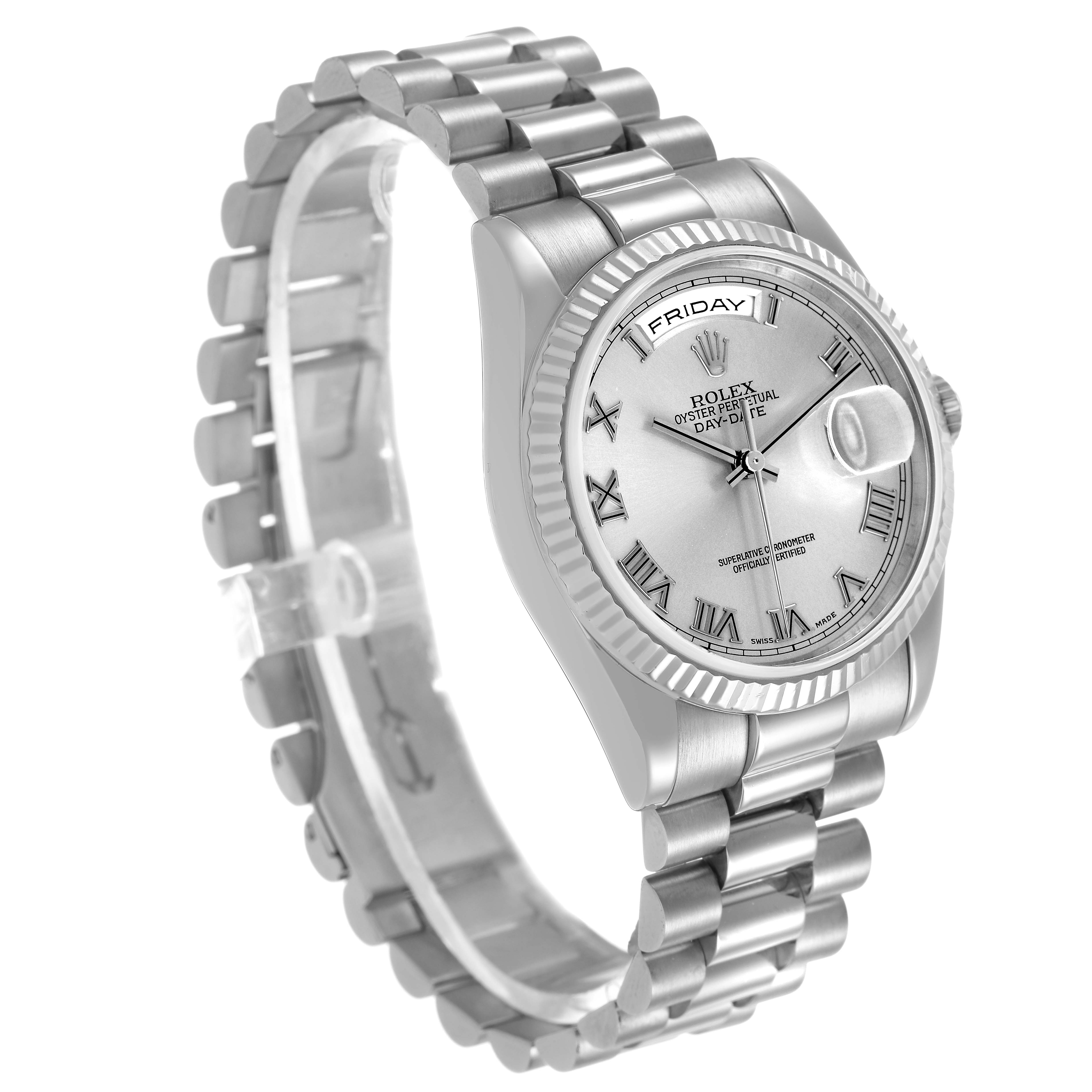 The Rolex President 118239 Men's White Gold Silver Dial model is shown at a three-quarter angle, highlighting the face, bracelet, and fluted bezel.