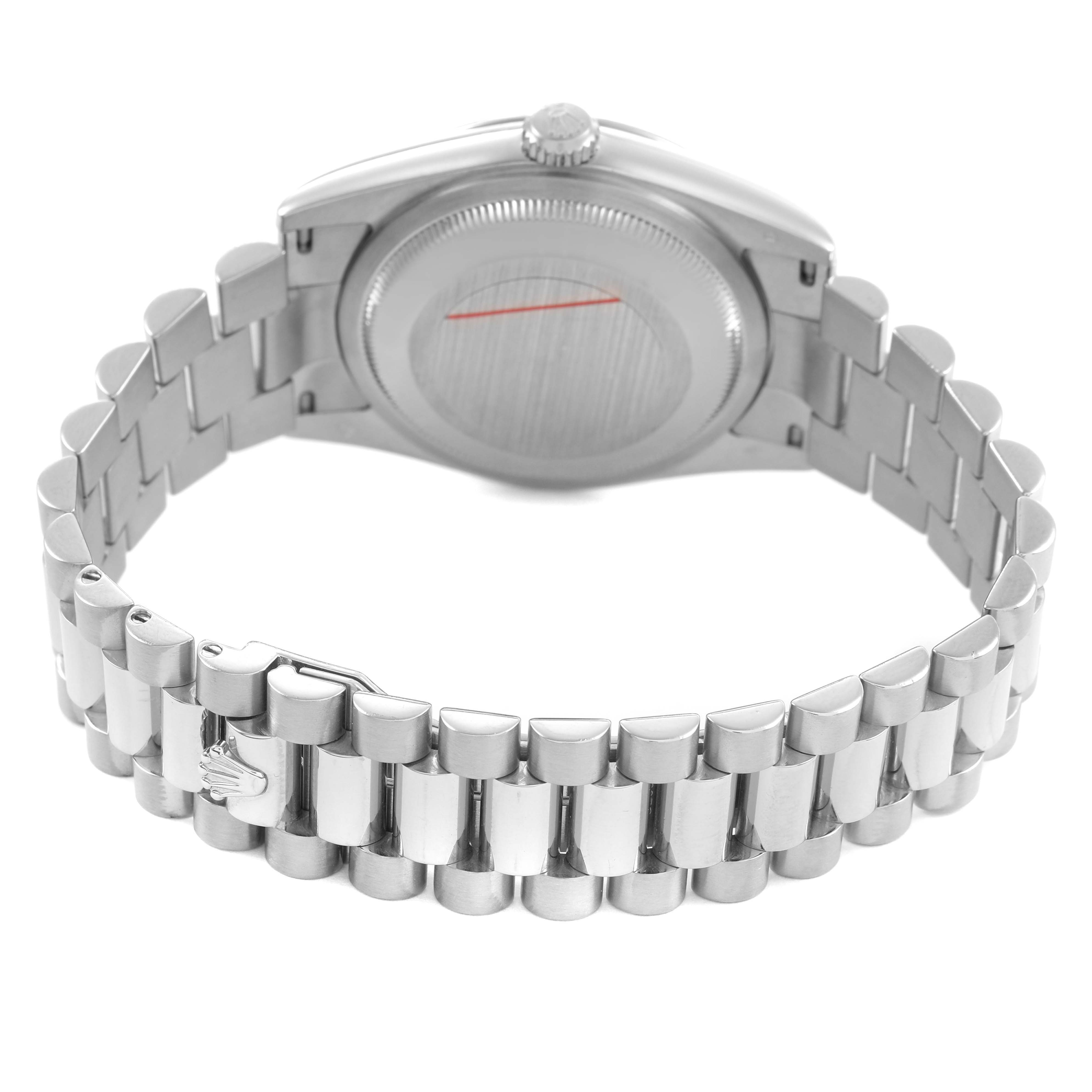 The image shows the back and bracelet of the Rolex President 118239 Men's White Gold Silver Dial model, highlighting its clasp and links.