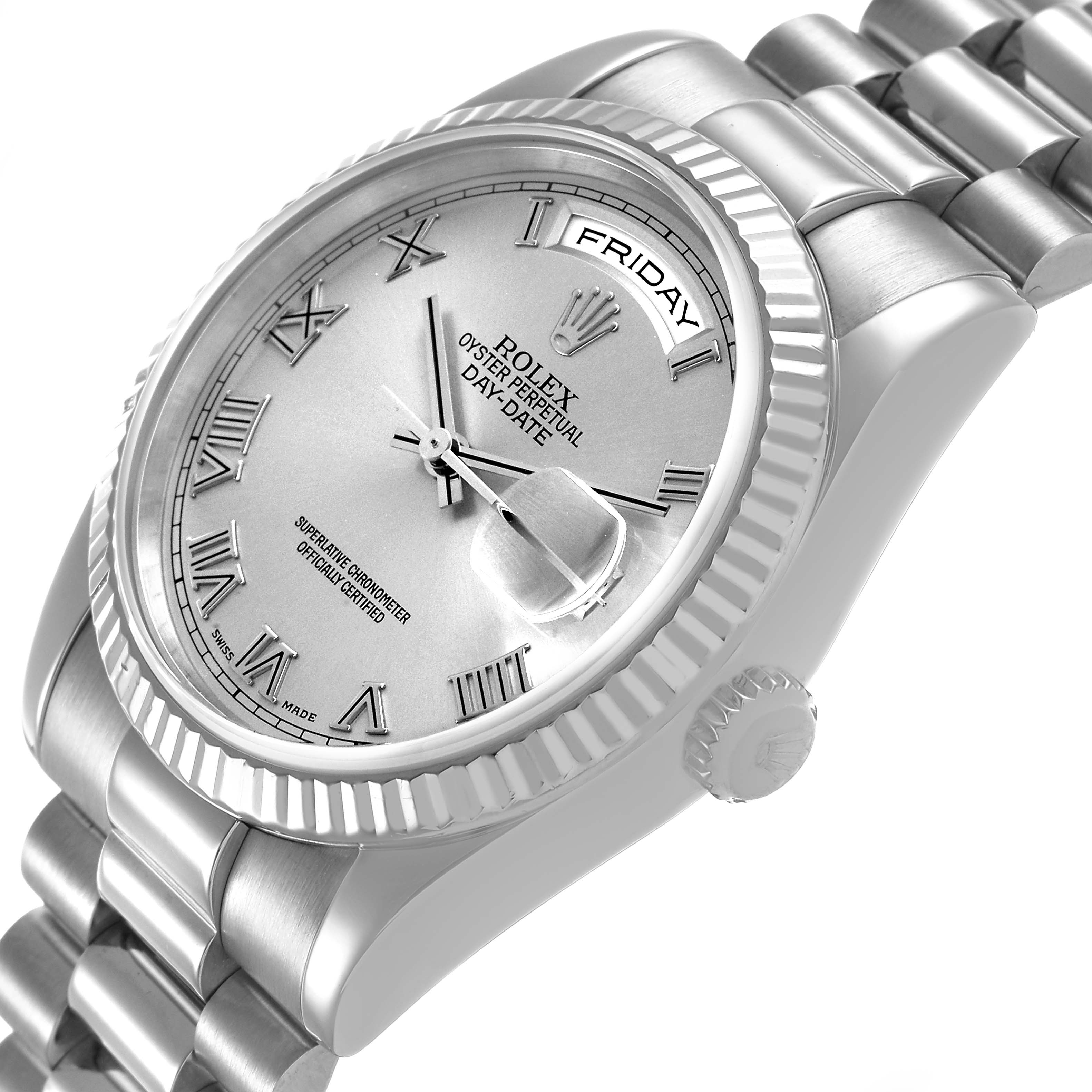 The Rolex President 118239 Men's White Gold Silver Dial model is shown at an angled side view, highlighting the dial, bezel, bracelet, and crown with a fluted design.