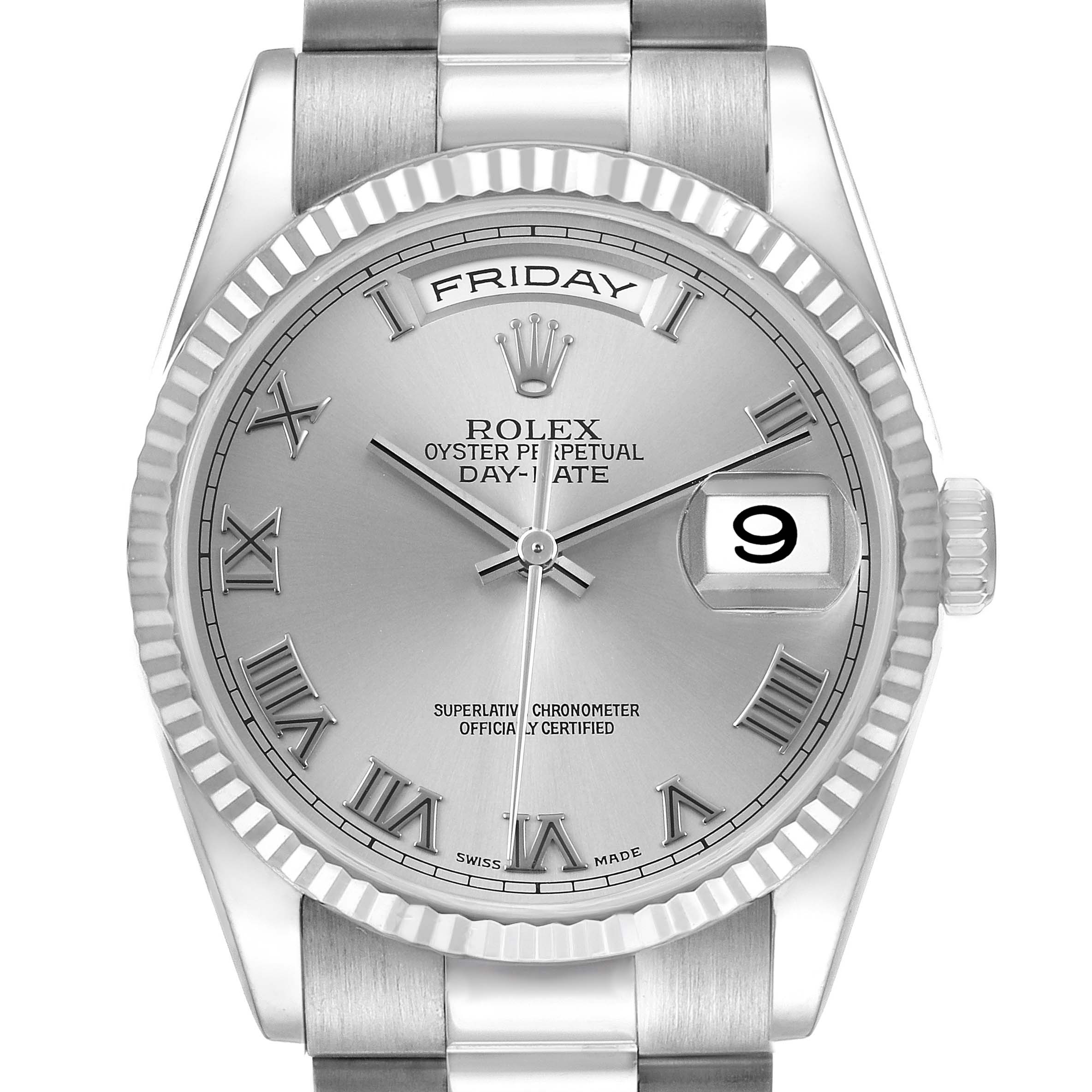 The Rolex President 118239 Men's White Gold Silver Dial model is shown from a front angle, displaying the dial, day, date, and part of the bracelet.
