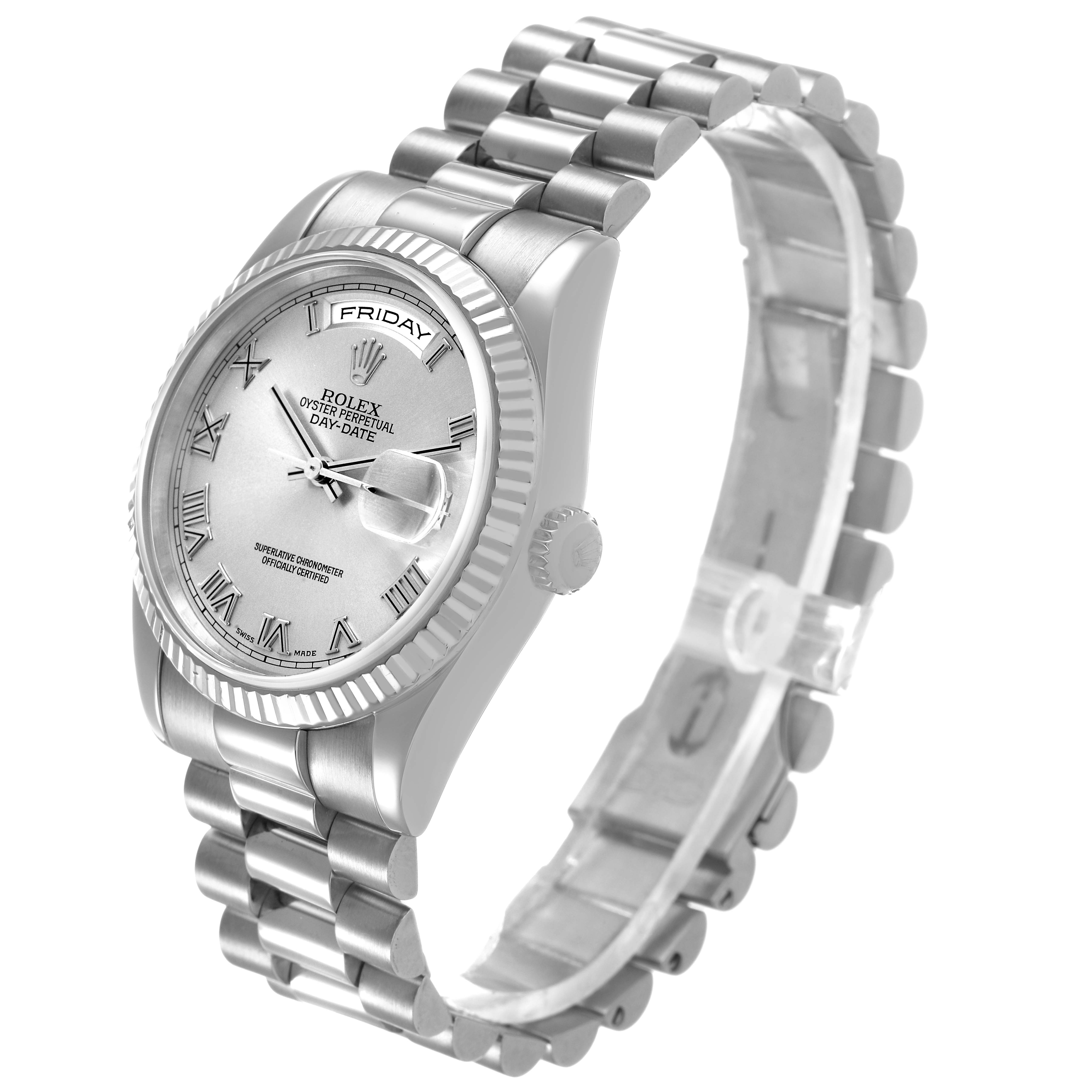 The Rolex President 118239 Men's White Gold Silver Dial model is shown at a three-quarter angle, highlighting the dial, fluted bezel, and bracelet.