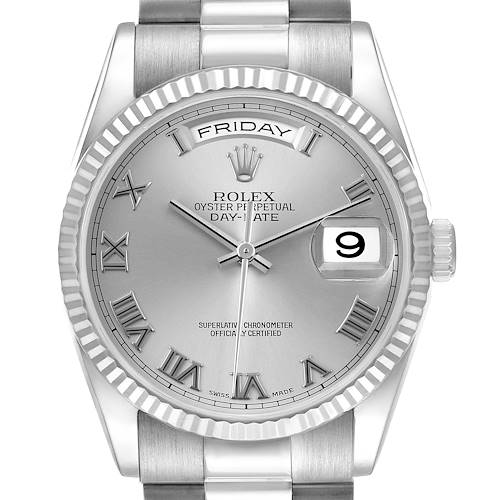 The Rolex President 118239 Men's White Gold Silver Dial watch is shown front-facing, highlighting the dial, bezel, crown, and part of the bracelet.