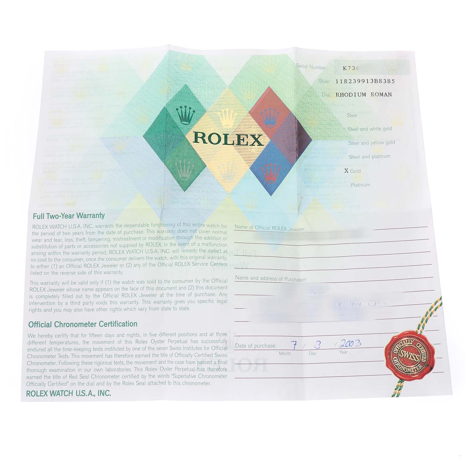 The image shows a warranty and certification document for a Rolex President 118239 Men's White Gold Silver Dial model watch.
