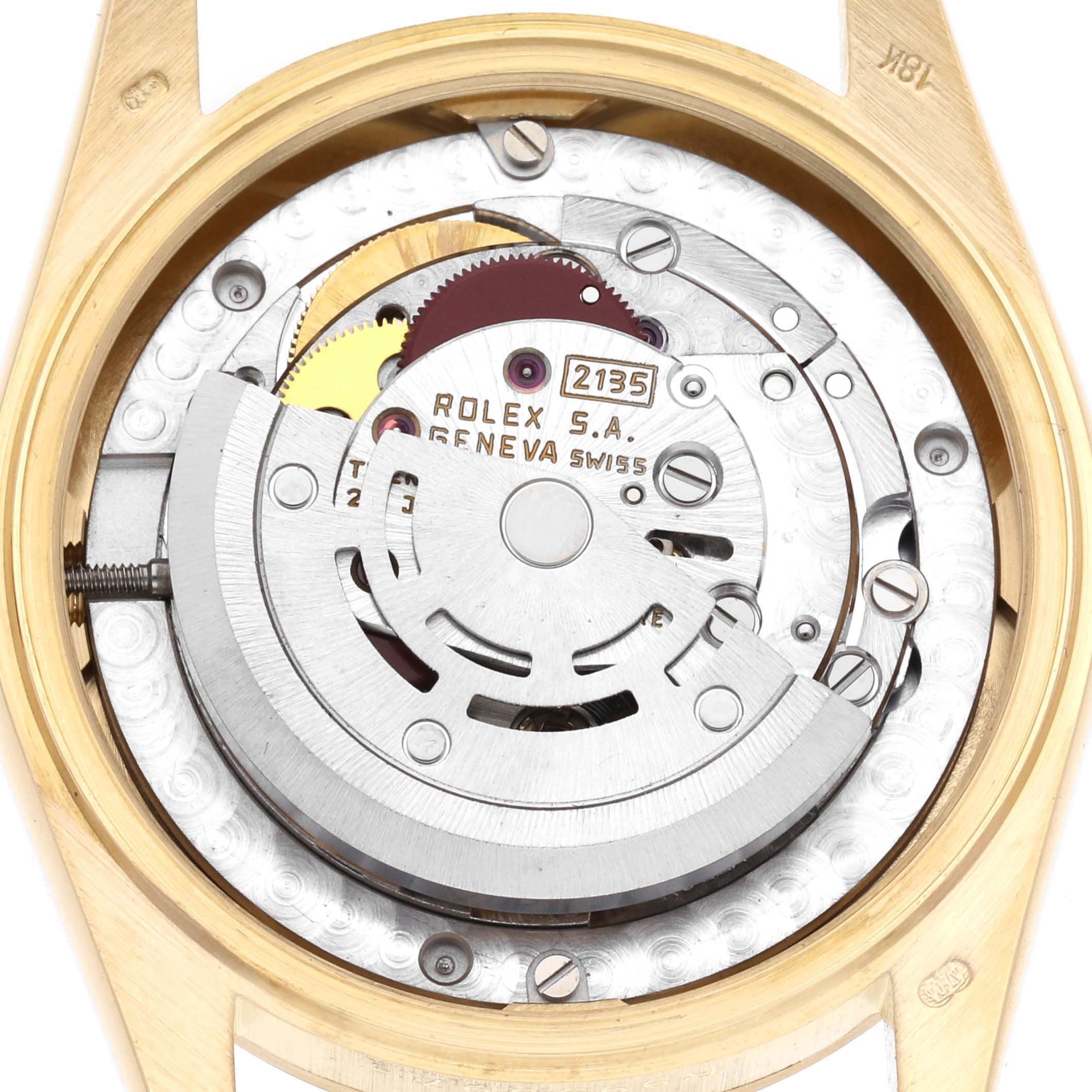 The image shows the movement of the Rolex President 68278 Women's Yellow Gold Champagne Dial 68278 Women's Yellow Gold Champagne Dial model, viewed from the back with rotor and gears visible.