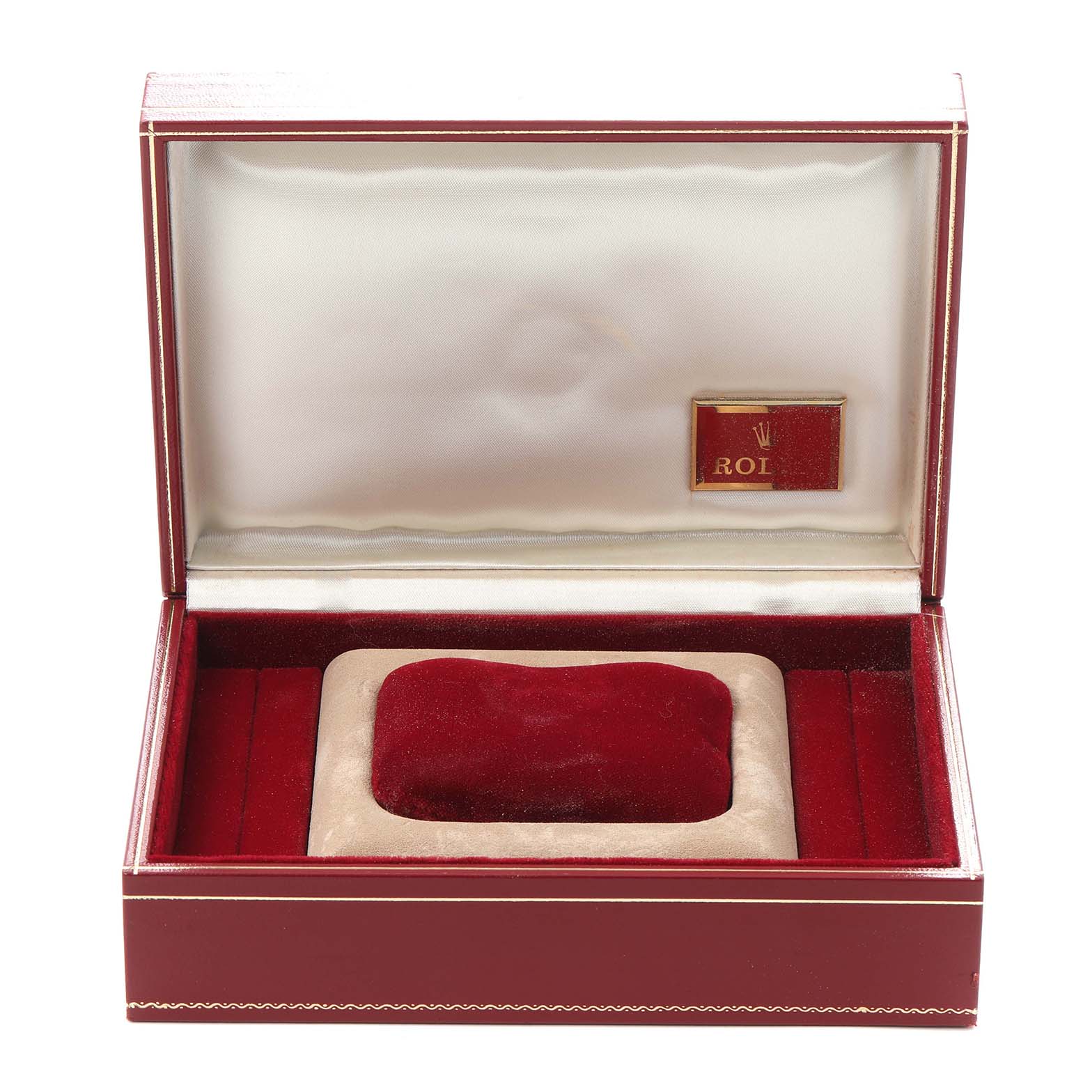 The image shows an open Rolex President 68278 Women's Yellow Gold Champagne Dial 68278 Women's Yellow Gold Champagne Dial model watch box, featuring a red and beige interior with a logo inside the lid.