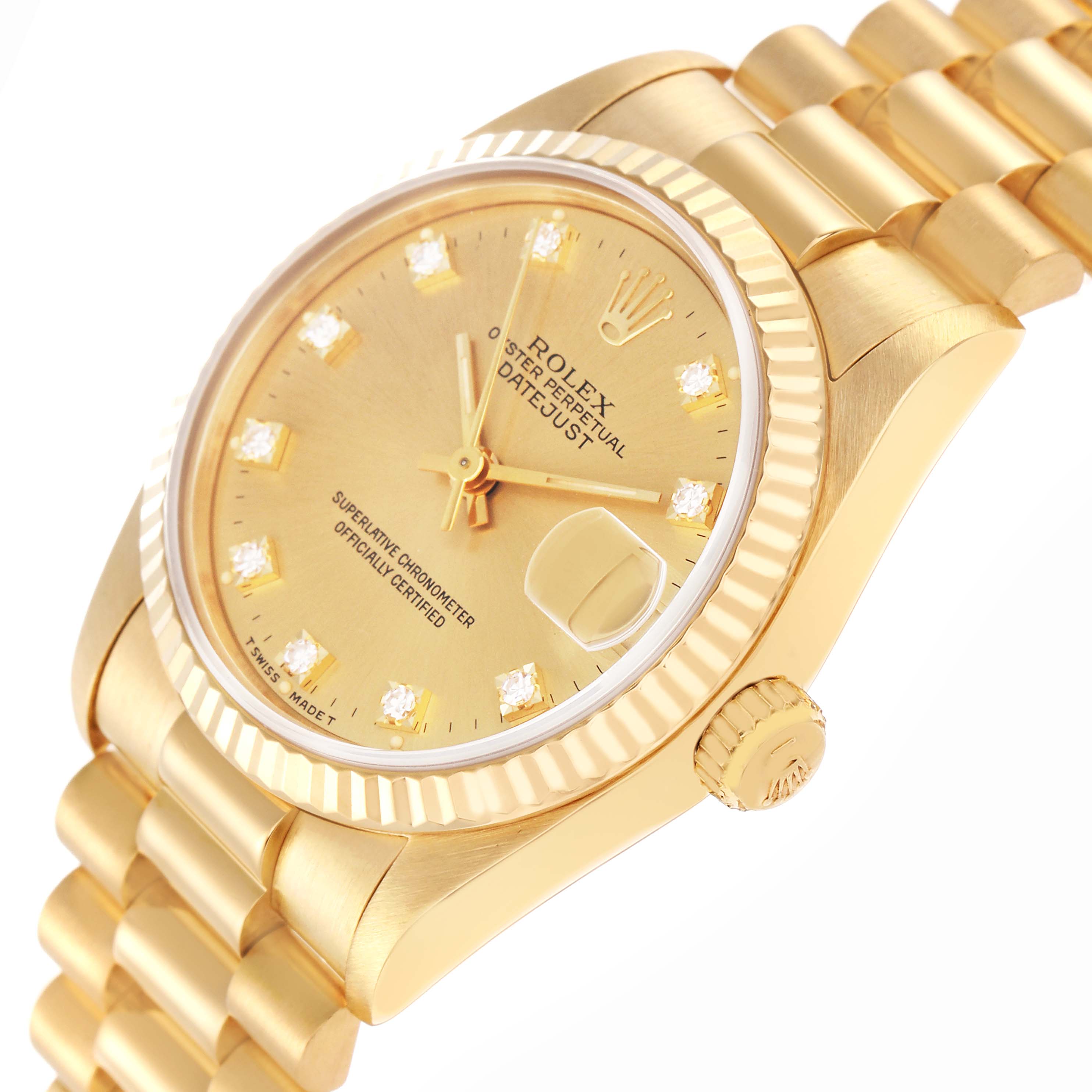 The Rolex President 68278 Women's Yellow Gold Champagne Dial 68278 Women's Yellow Gold Champagne Dial model watch is shown at a slight angle, highlighting the face, fluted bezel, and President bracelet.
