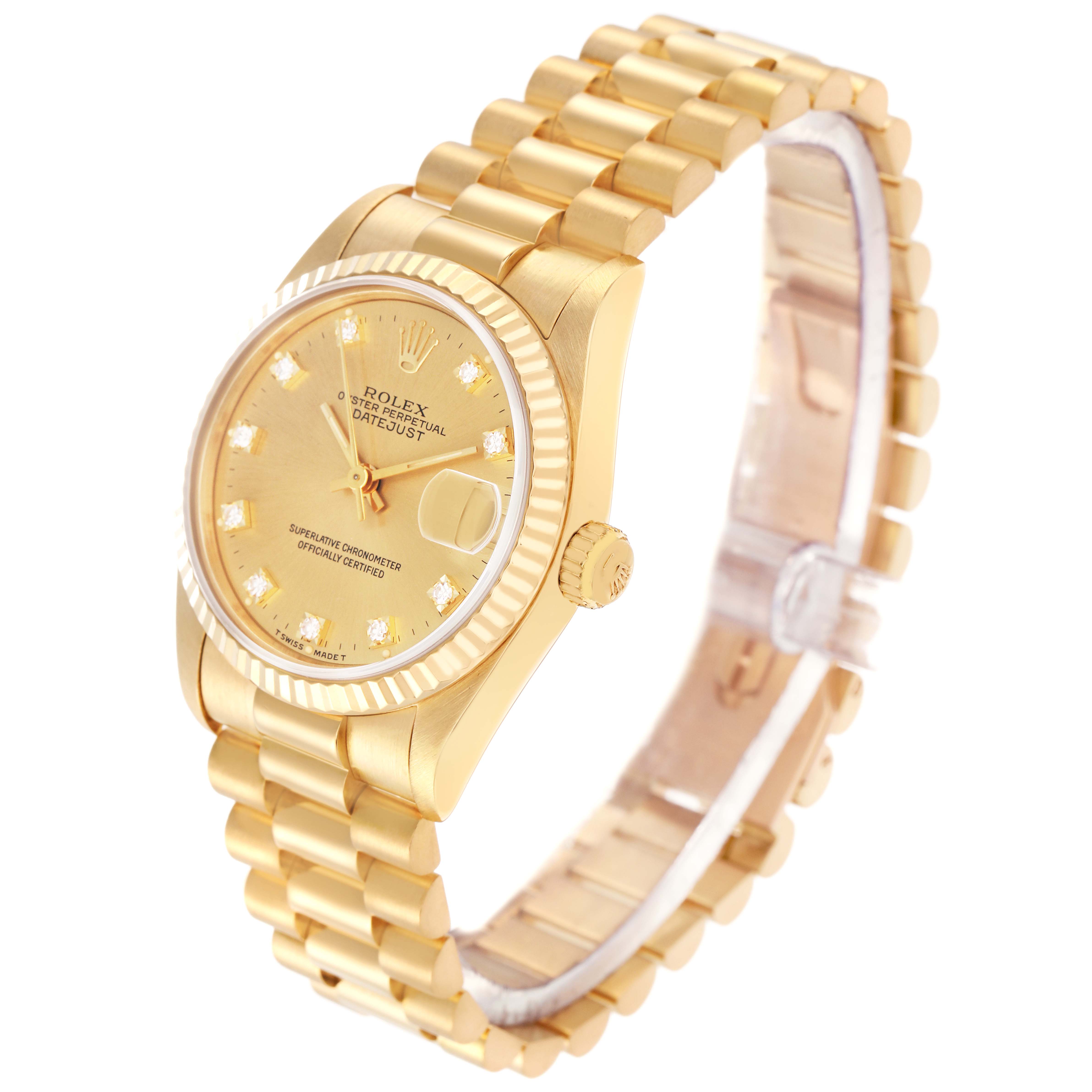 The Rolex President 68278 Women's Yellow Gold Champagne Dial 68278 Women's Yellow Gold Champagne Dial watch is shown at an angled view, highlighting the dial, bezel, case, bracelet, and crown.