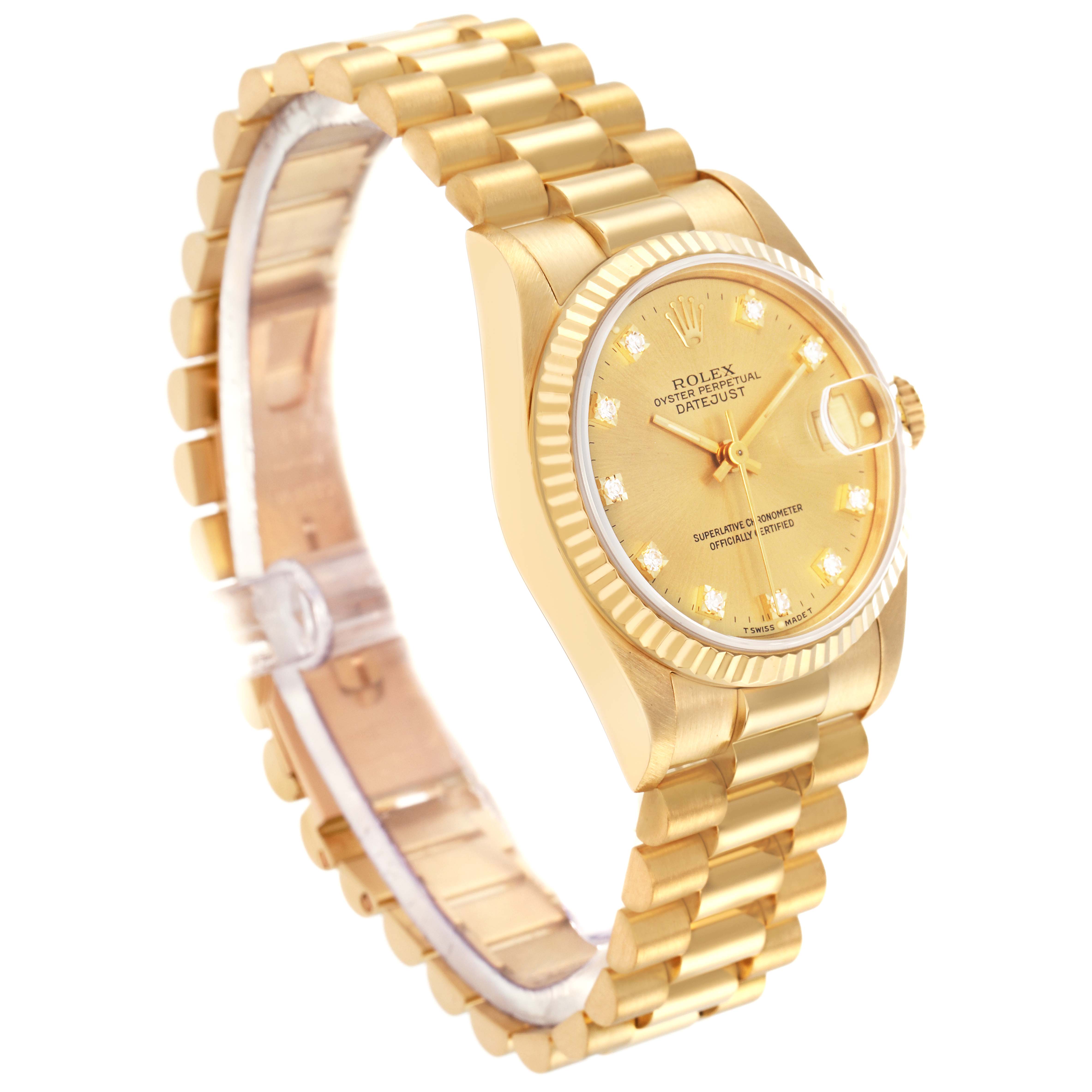 The image shows a three-quarter view of a Rolex President 68278 Women's Yellow Gold Champagne Dial 68278 Women's Yellow Gold Champagne Dial model watch, highlighting its gold bracelet, fluted bezel, and champagne dial.
