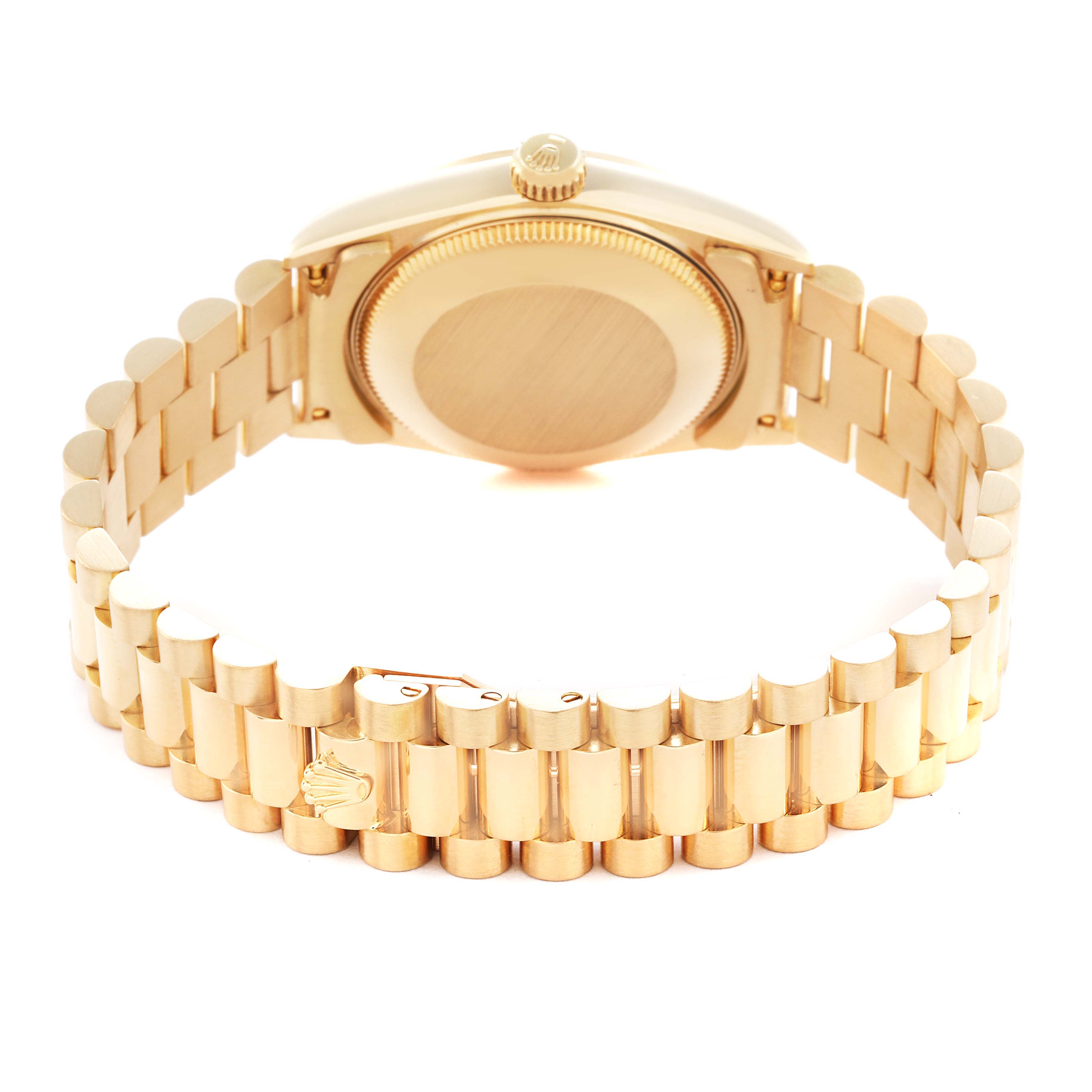 The image shows the back and bracelet of a Rolex President 68278 Women's Yellow Gold Champagne Dial 68278 Women's Yellow Gold Champagne Dial model, highlighting the clasp and caseback.