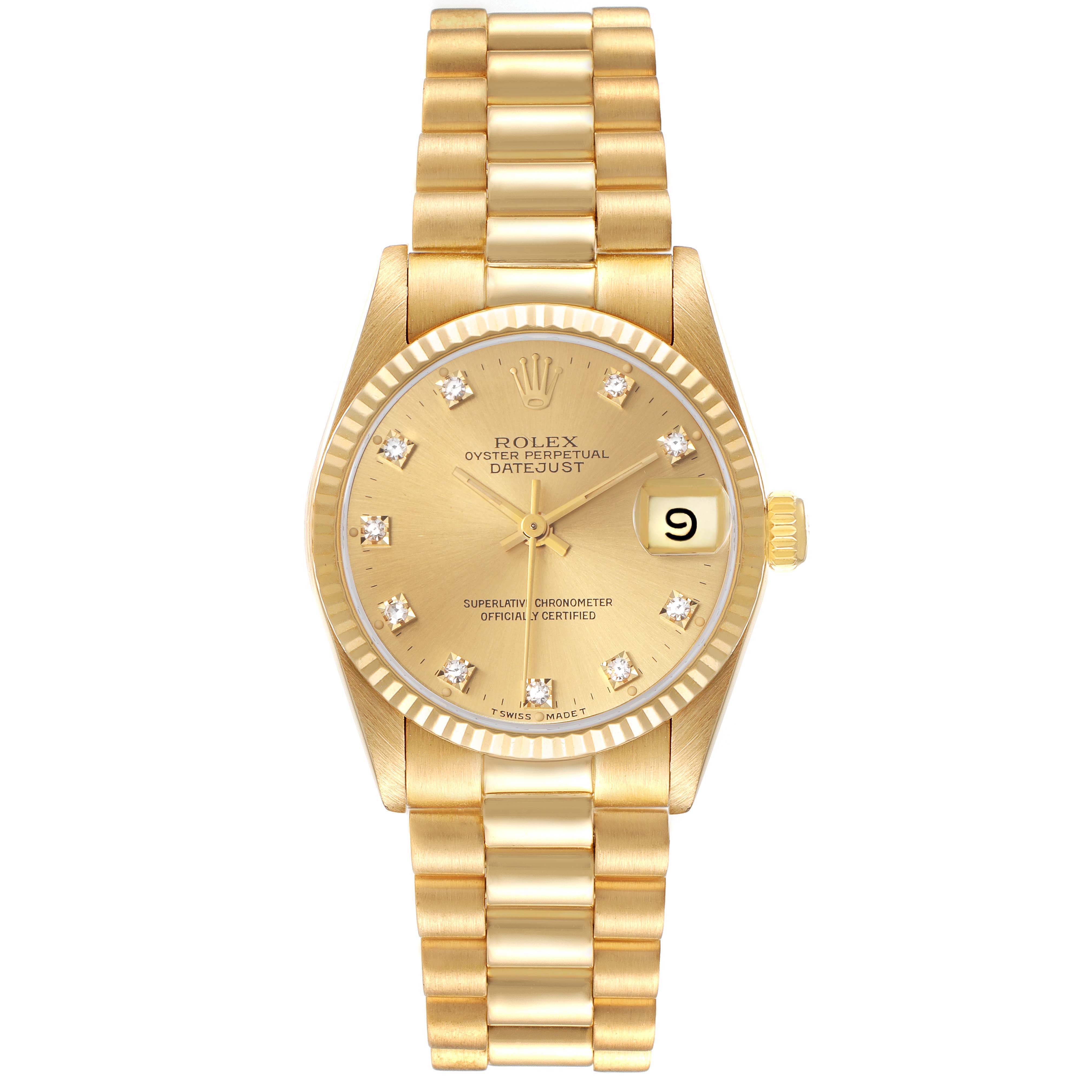 The Rolex President 68278 Women's Yellow Gold Champagne Dial 68278 Women's Yellow Gold Champagne Dial model watch is shown from a top-down angle, displaying its gold bracelet, case, and diamond-encrusted dial.