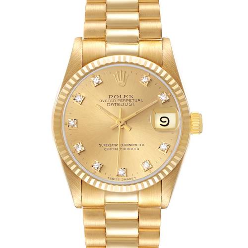 The Rolex President model is shown from the front, highlighting the dial, hour markers, and bracelet.