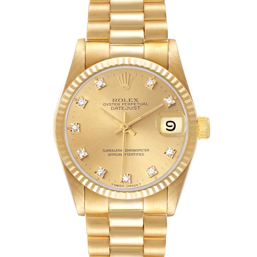 The Rolex President model is shown from a top-down angle, highlighting its gold bracelet, fluted bezel, and diamond hour markers.