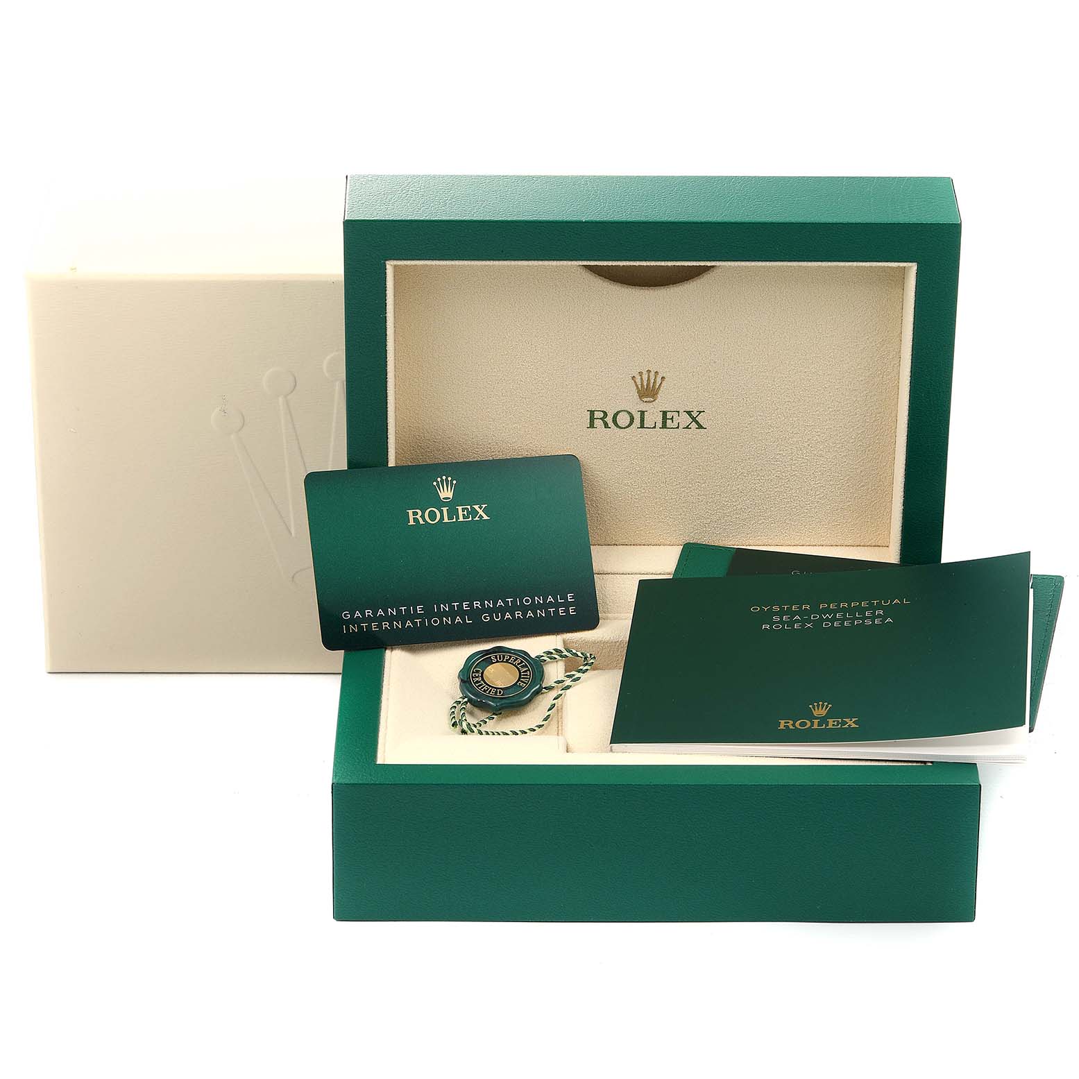 The image shows a Rolex Sea-Dweller 126600 Men
s Stainless Steel Black Dial 126600 Men
s Stainless Steel Black Dial packaging box with guarantee cards and booklets visible.