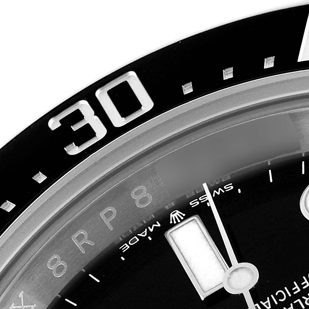 The close-up image shows the bezel and partial face of the Rolex Sea-Dweller 126600 Men
s Stainless Steel Black Dial 126600 Men
s Stainless Steel Black Dial watch, highlighting the "30" on the bezel and some index markers.