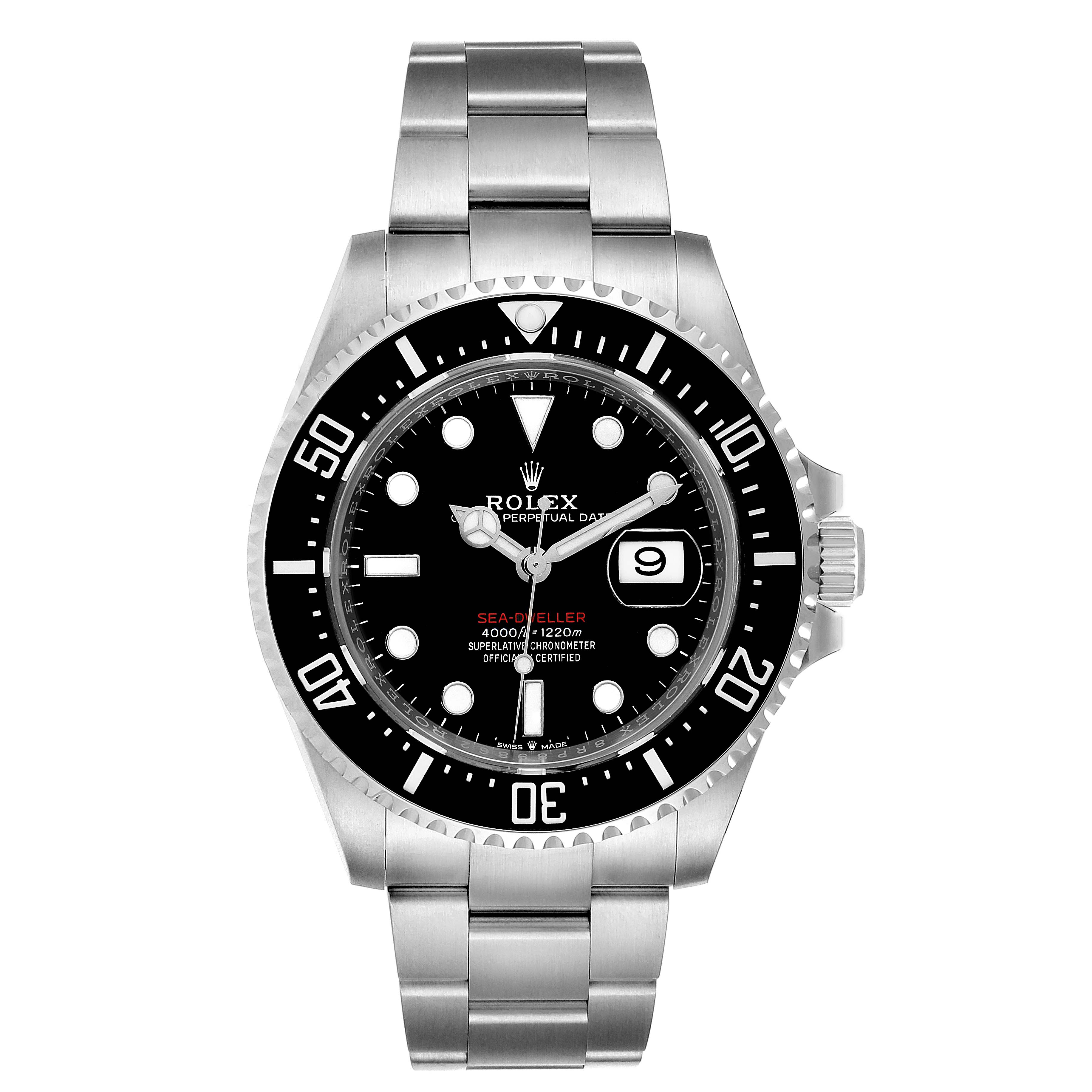 The image shows a front view of the Rolex Sea-Dweller 126600 Men
s Stainless Steel Black Dial 126600 Men
s Stainless Steel Black Dial watch, highlighting its dial, bezel, and bracelet.