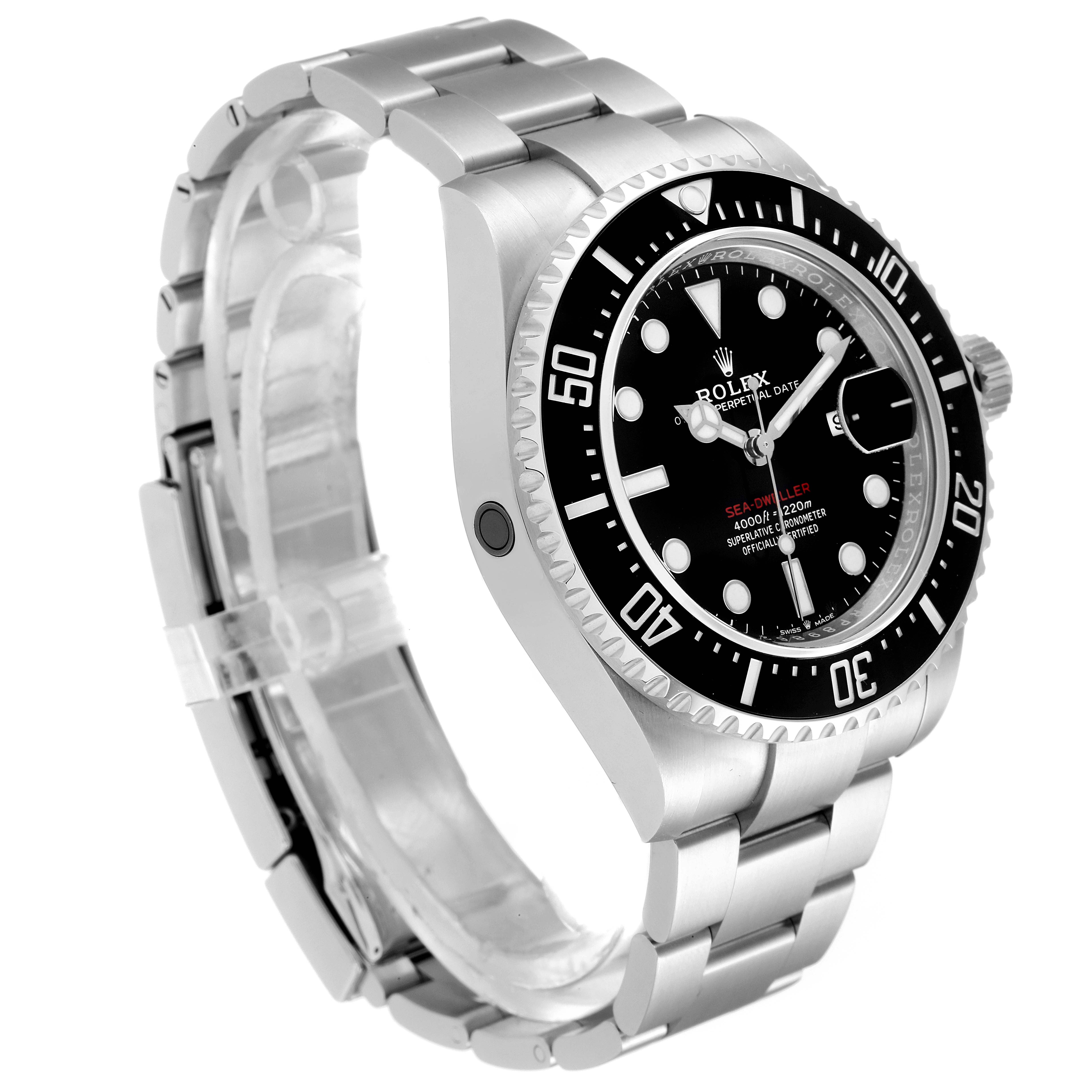 The image shows a side angle of the Rolex Sea-Dweller 126600 Men
s Stainless Steel Black Dial 126600 Men
s Stainless Steel Black Dial watch, highlighting the bezel, dial, crown, and bracelet.