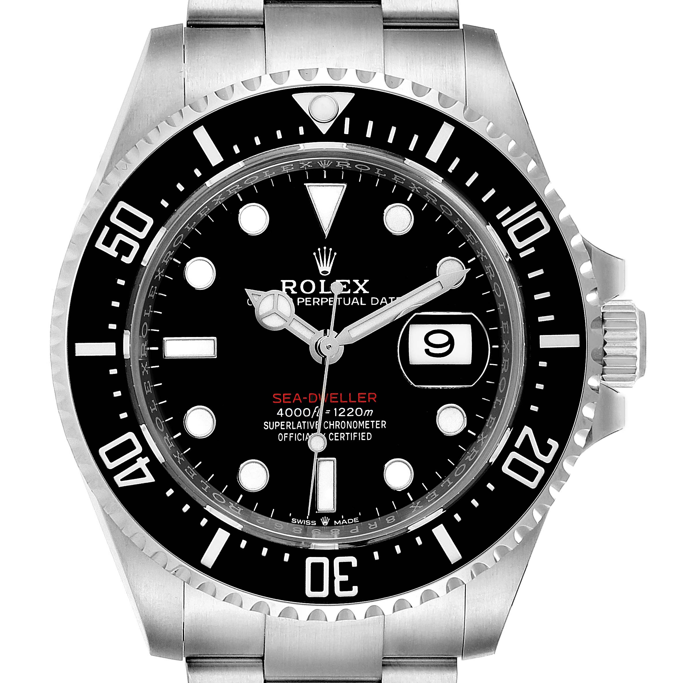 The image shows a front view of the Rolex Sea-Dweller 126600 Men
s Stainless Steel Black Dial 126600 Men
s Stainless Steel Black Dial watch, highlighting the dial, bezel, and bracelet.