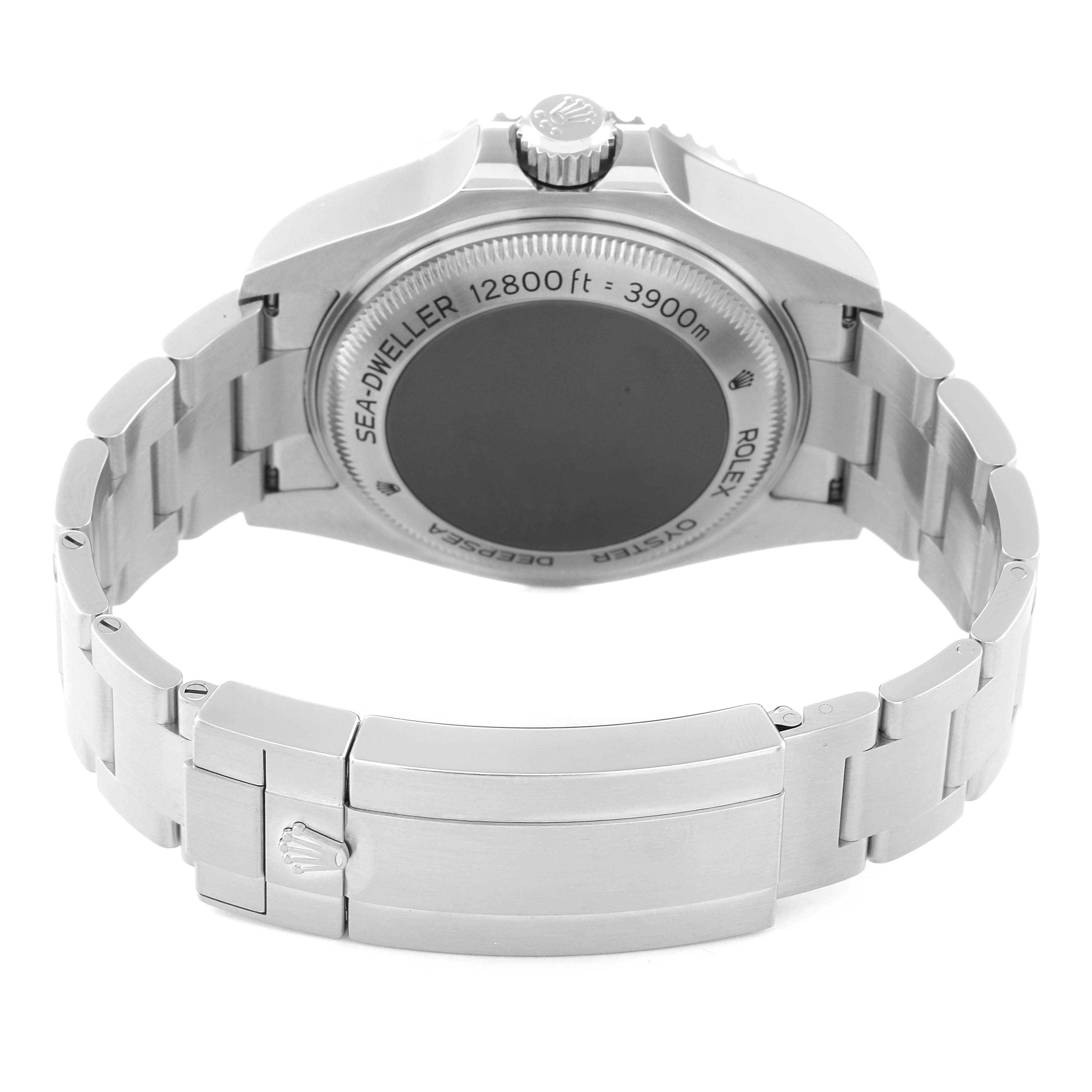 This image shows the back view of a Rolex Sea-Dweller 126660 Men's Stainless Steel Black Dial 126660 Men's Stainless Steel Black Dial watch, highlighting the case back, crown, and bracelet clasp.