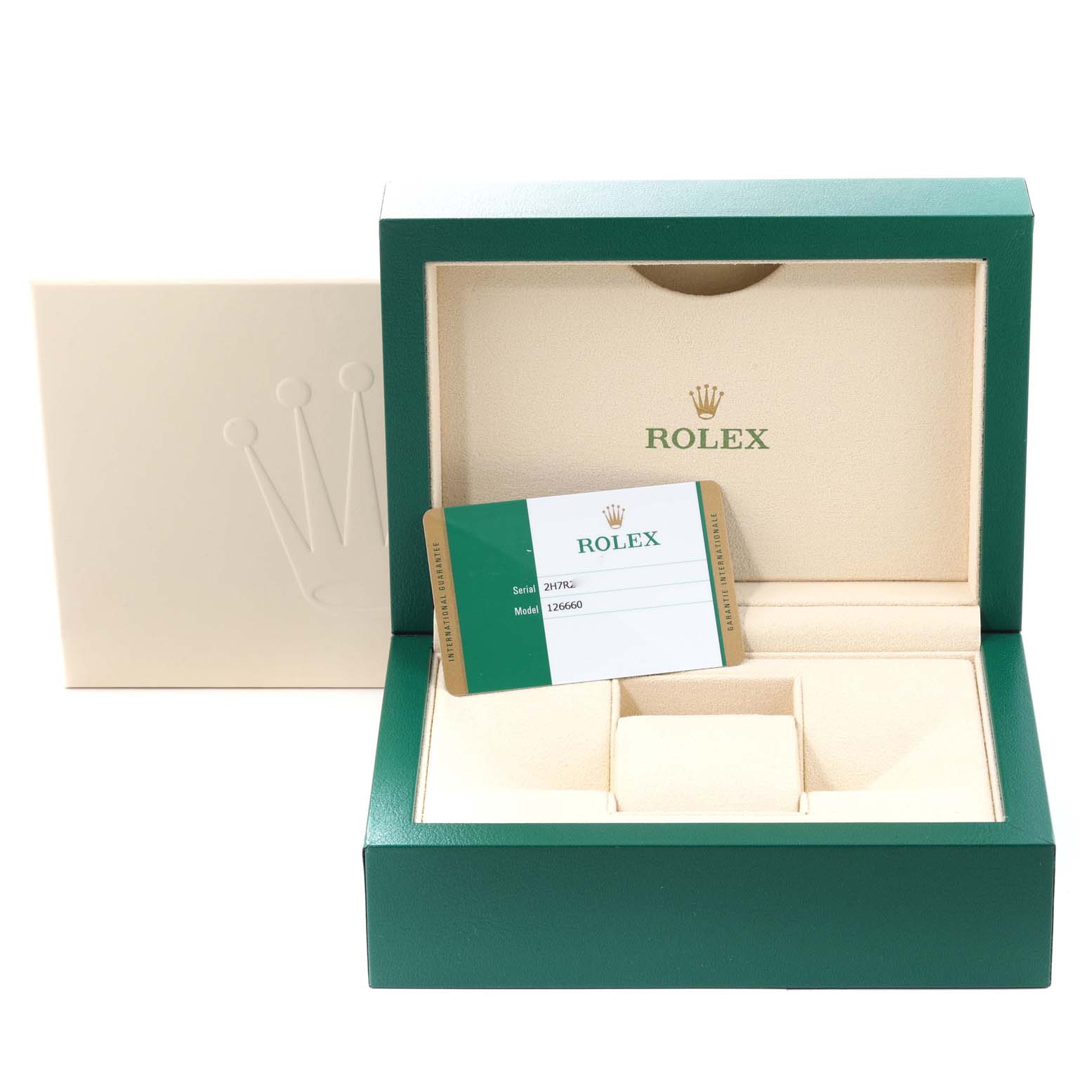 The image shows the open box and authenticity card for a Rolex Sea-Dweller 126660 Men's Stainless Steel Black Dial 126660 Men's Stainless Steel Black Dial watch.