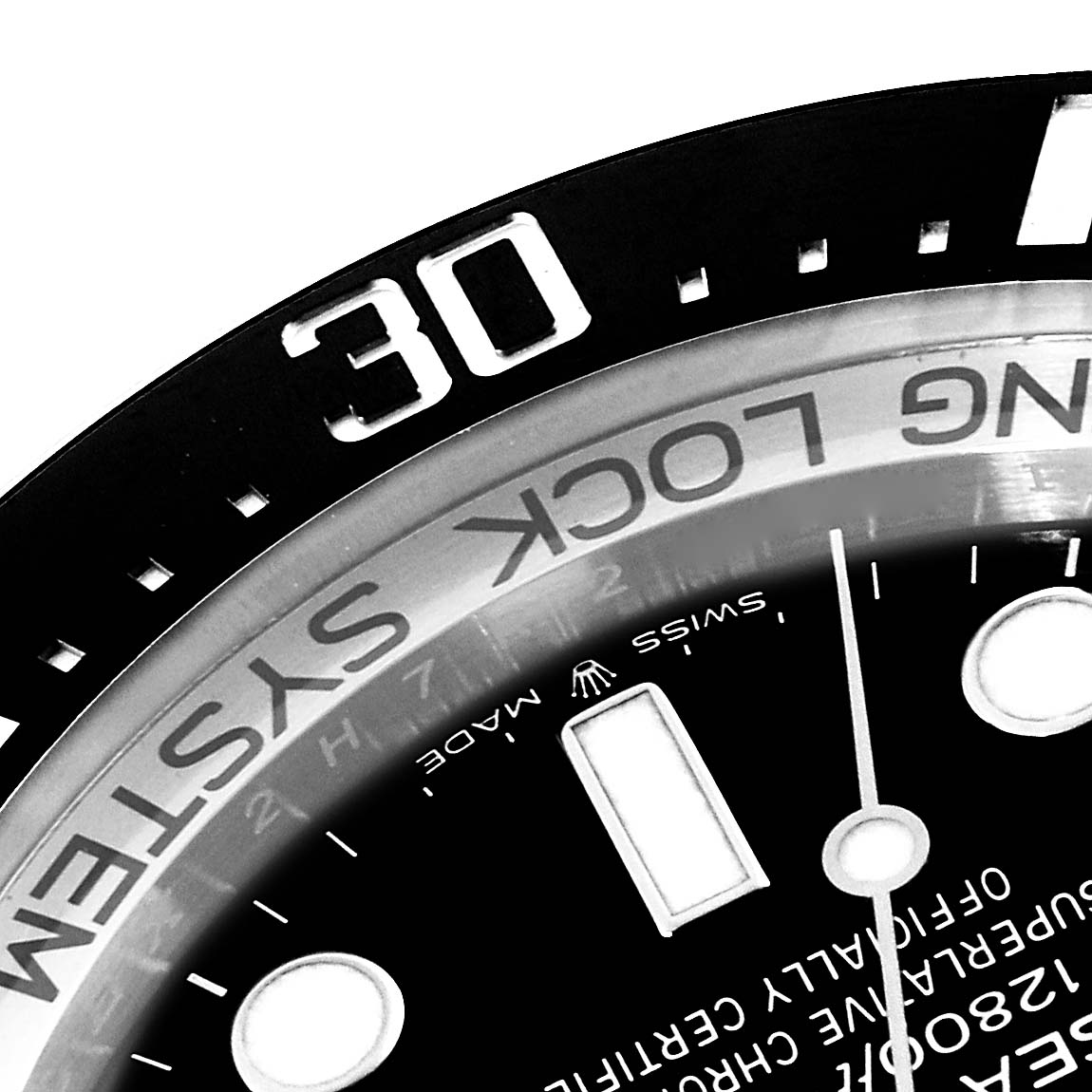 The image shows a close-up of the bezel and partial dial of a Rolex Sea-Dweller 126660 Men's Stainless Steel Black Dial 126660 Men's Stainless Steel Black Dial watch, highlighting the "30" marker and "RING LOCK SYSTEM" text.