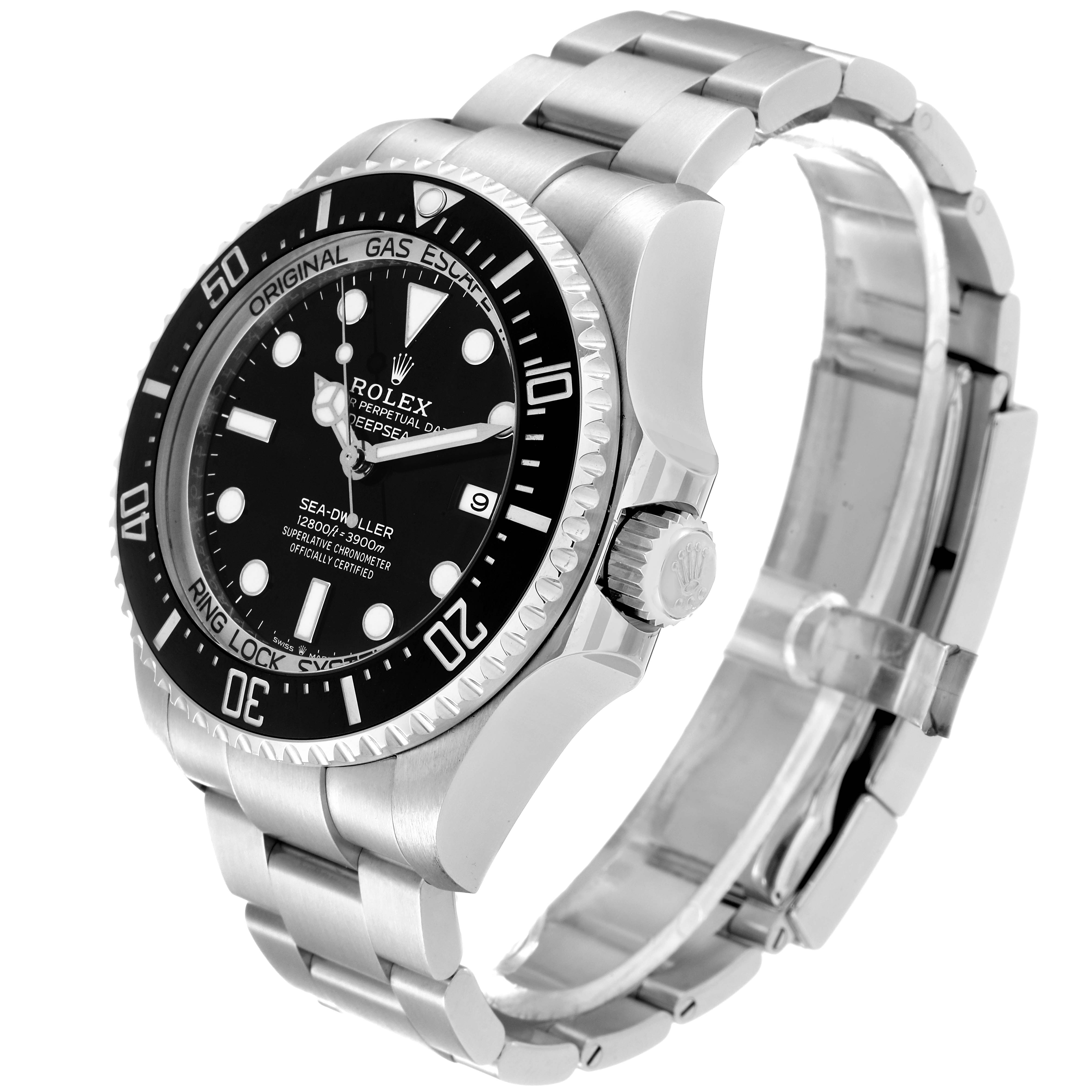 The image shows a side view of a Rolex Sea-Dweller 126660 Men's Stainless Steel Black Dial 126660 Men's Stainless Steel Black Dial watch, detailing the dial, bezel, crown, and bracelet.