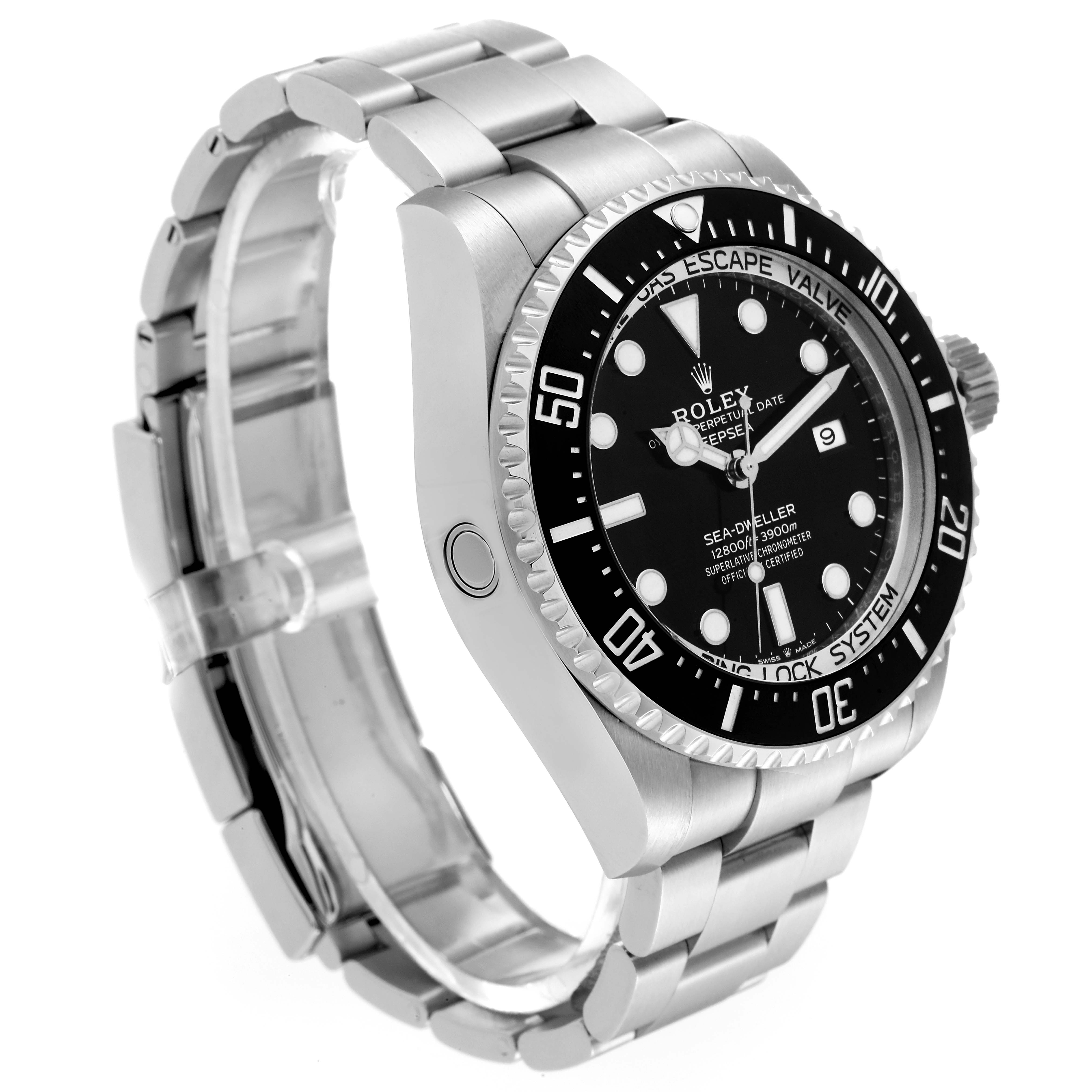 The image shows a side angle of the Rolex Sea-Dweller 126660 Men's Stainless Steel Black Dial 126660 Men's Stainless Steel Black Dial watch, highlighting its bezel, dial, and bracelet.