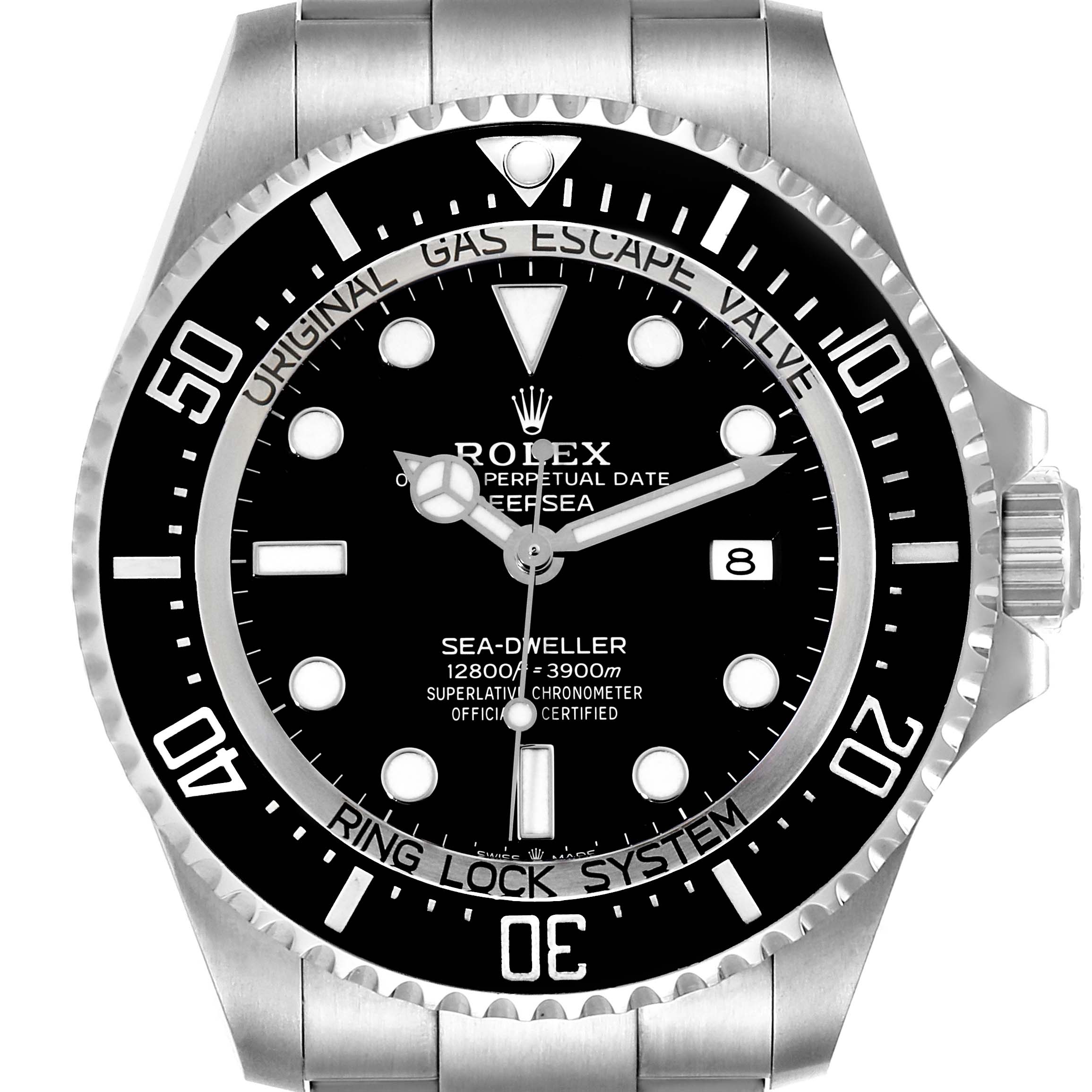 The image shows a front angle of the Rolex Sea-Dweller 126660 Men's Stainless Steel Black Dial 126660 Men's Stainless Steel Black Dial watch, highlighting its bezel, dial, hands, and crown.