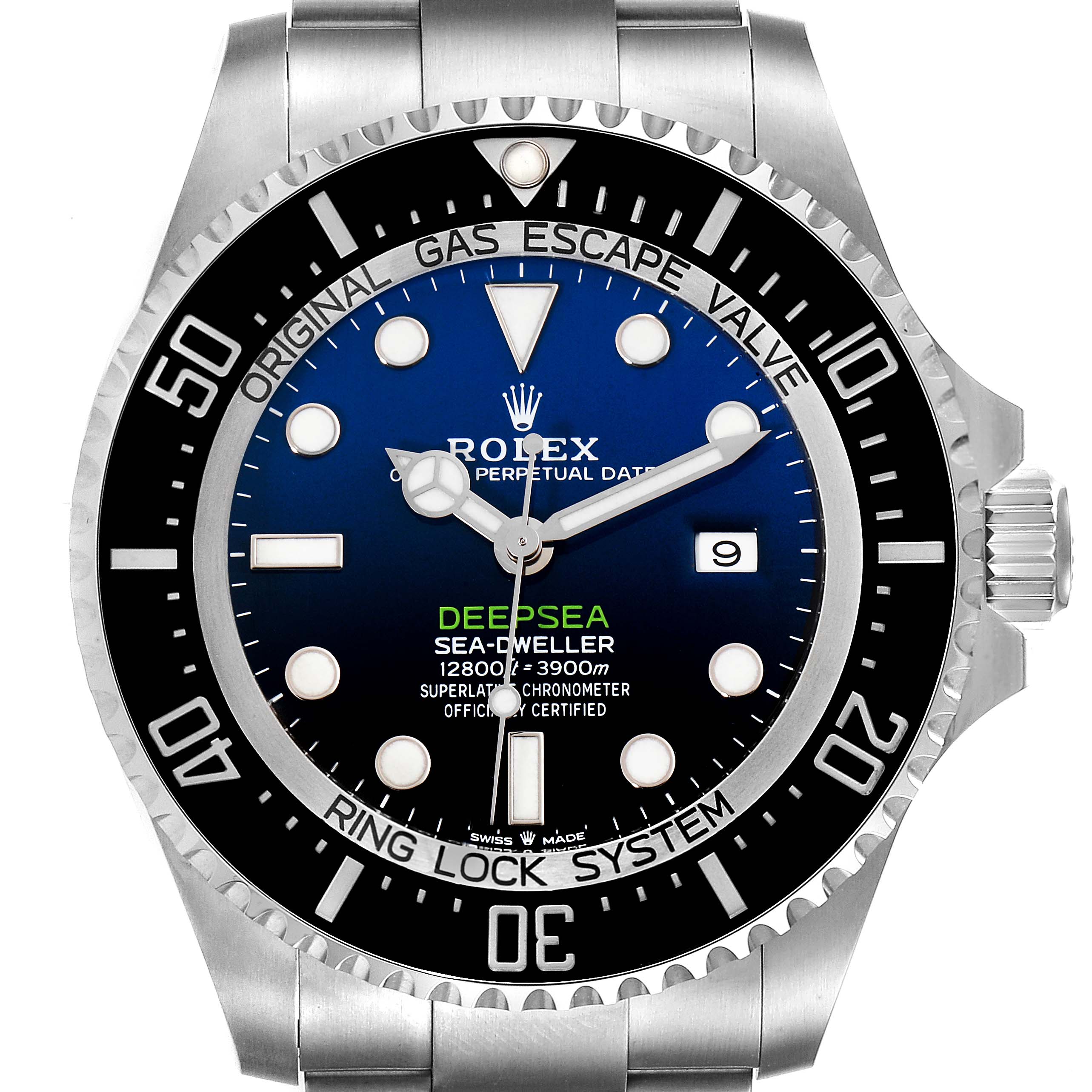 The image shows a frontal view of the Rolex Sea-Dweller 126660 Men's Stainless Steel Blue Dial 126660 Men's Stainless Steel Blue Dial watch, highlighting its face, bezel, and part of its bracelet.