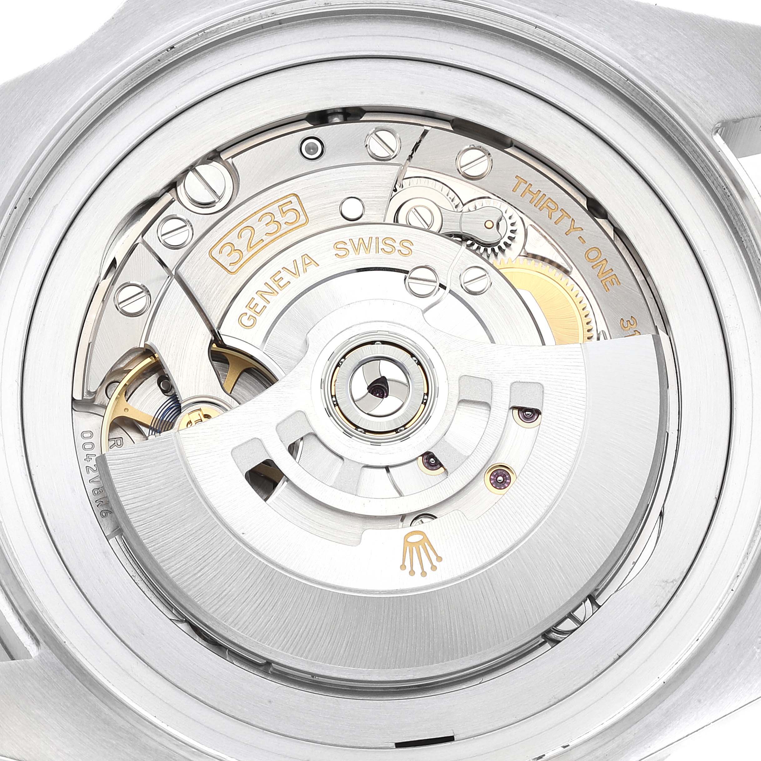 This close-up image displays the back view of the Rolex Sea-Dweller 126660 Men's Stainless Steel Blue Dial 126660 Men's Stainless Steel Blue Dial watch, revealing the intricate automatic movement mechanism.