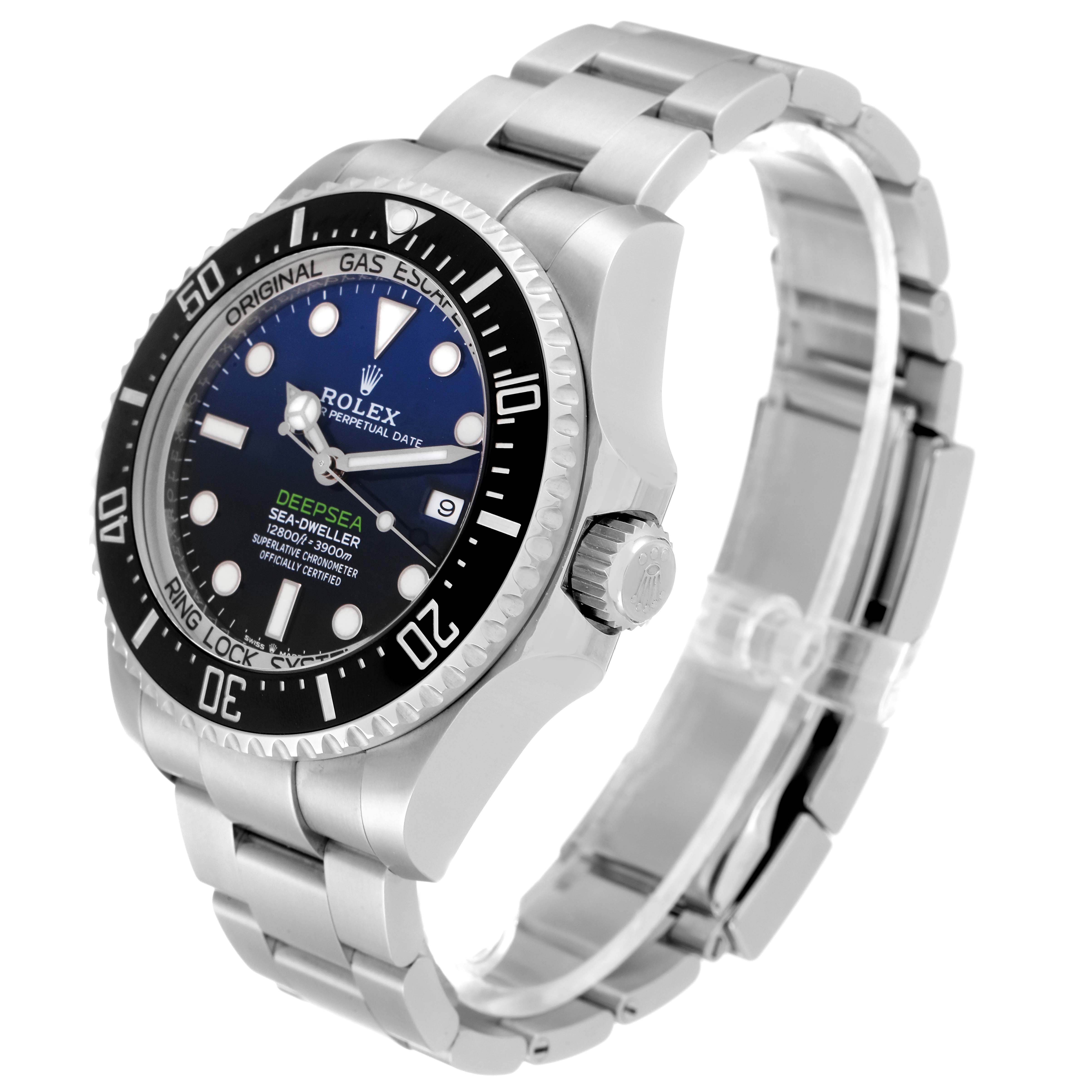 The image shows a Rolex Sea-Dweller 126660 Men's Stainless Steel Blue Dial 126660 Men's Stainless Steel Blue Dial watch titled "Deepsea" at a three-quarter angle, featuring the face, bezel, and bracelet.
