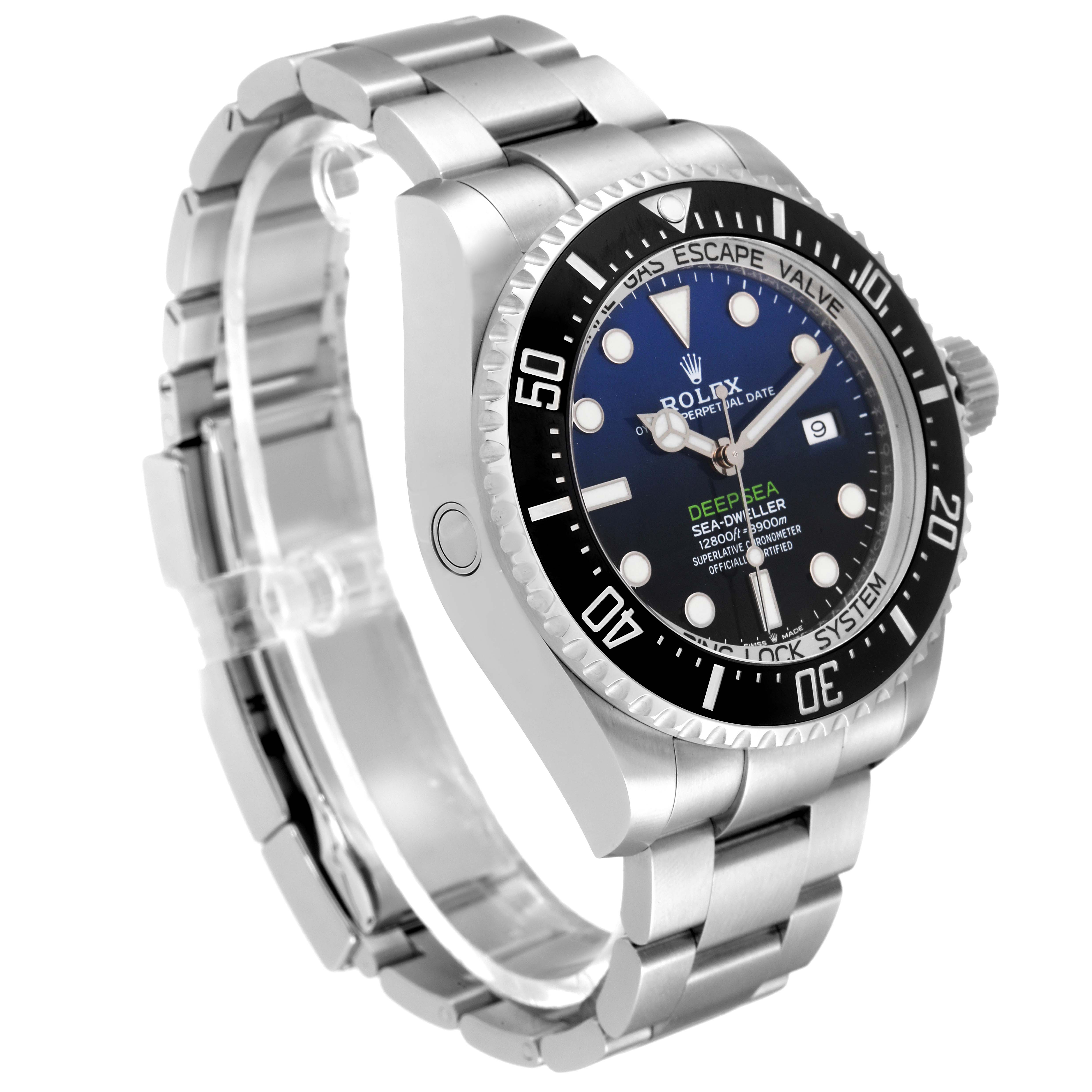The Rolex Sea-Dweller 126660 Men's Stainless Steel Blue Dial 126660 Men's Stainless Steel Blue Dial watch is shown at a three-quarter angle, highlighting the bracelet, bezel, and dial with visible markings.