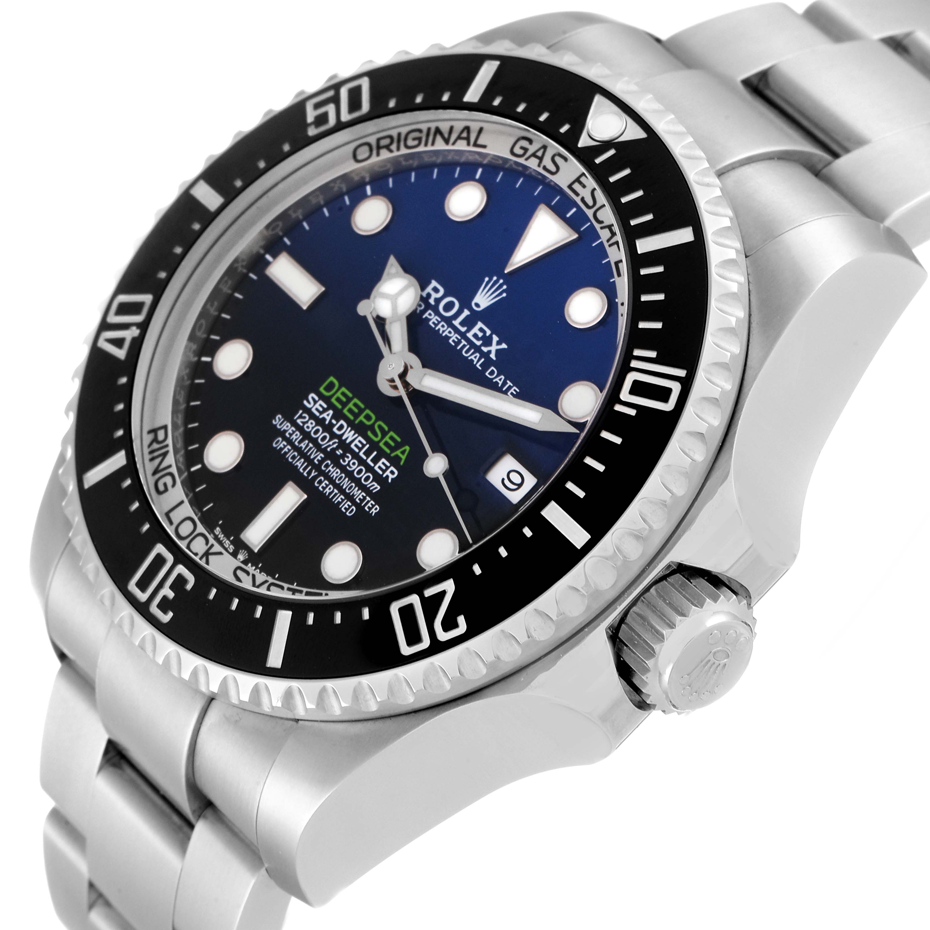 This image shows a close-up angle of the Rolex Sea-Dweller 126660 Men's Stainless Steel Blue Dial 126660 Men's Stainless Steel Blue Dial watch, focusing on the dial, bezel, and crown.