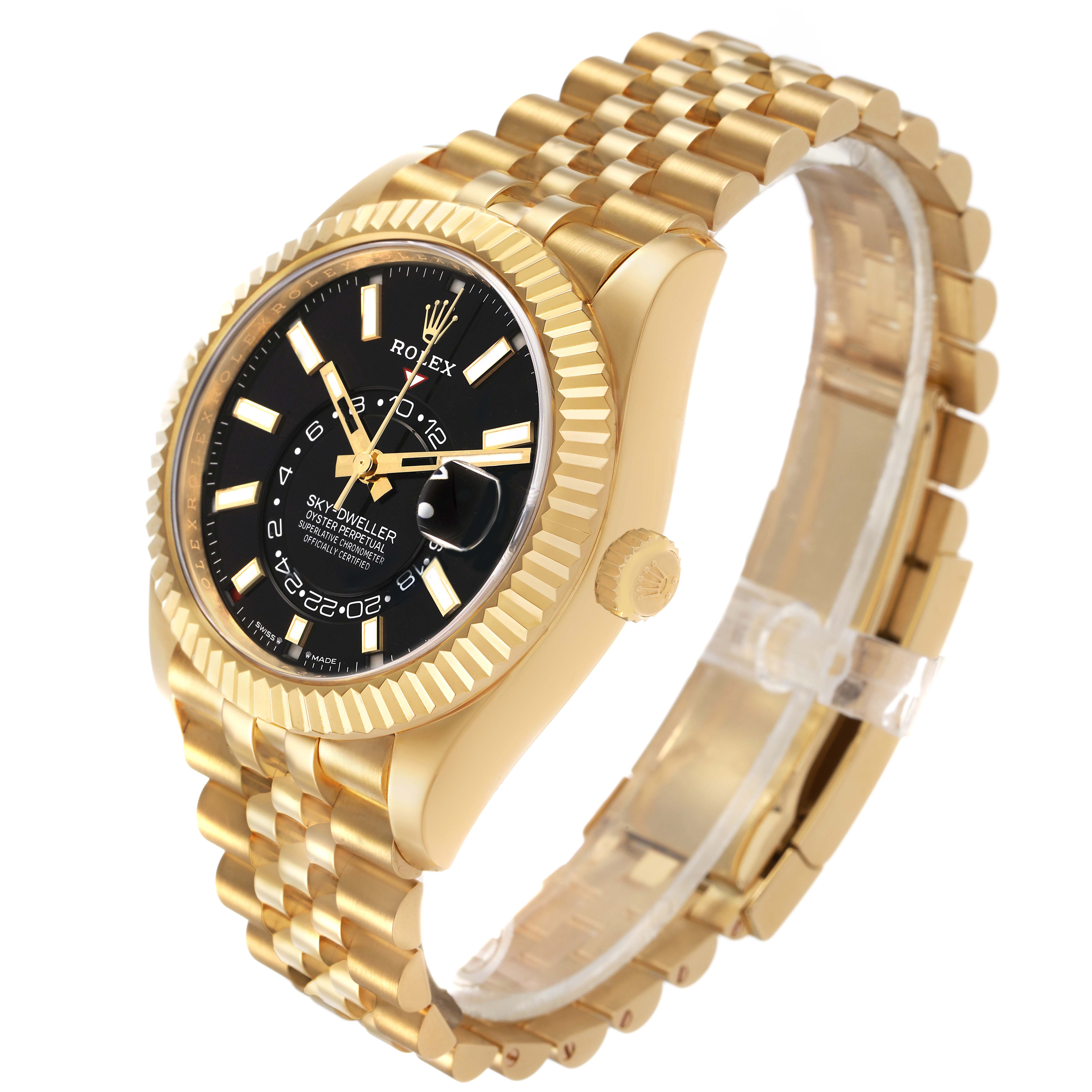 The Rolex Sky-Dweller 336938 Men's Yellow Gold Black Dial watch is shown at a side angle, highlighting the black dial, fluted bezel, and bracelet.