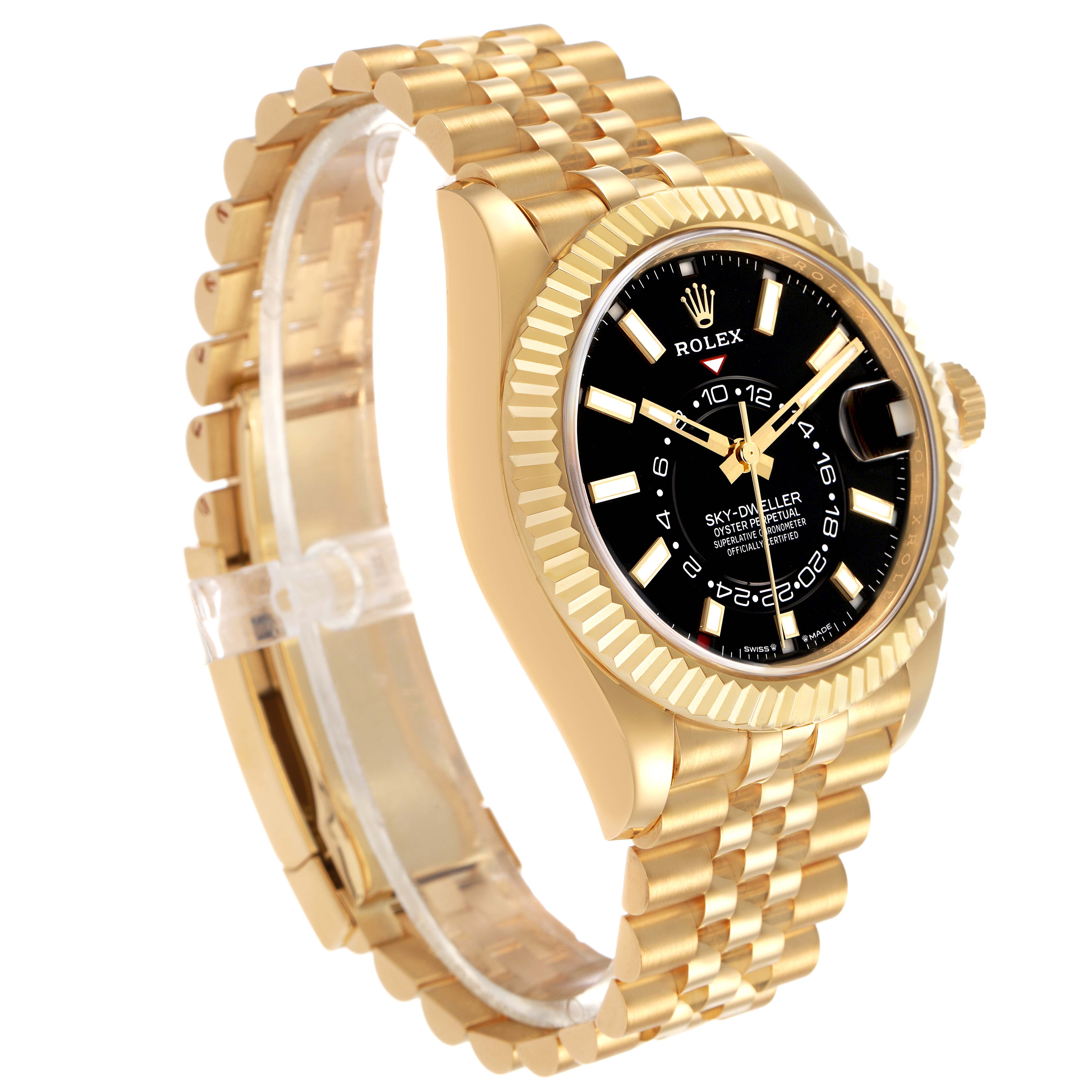 The Rolex Sky-Dweller 336938 Men's Yellow Gold Black Dial watch is shown at a slight angle, highlighting the case, bezel, dial, and bracelet.