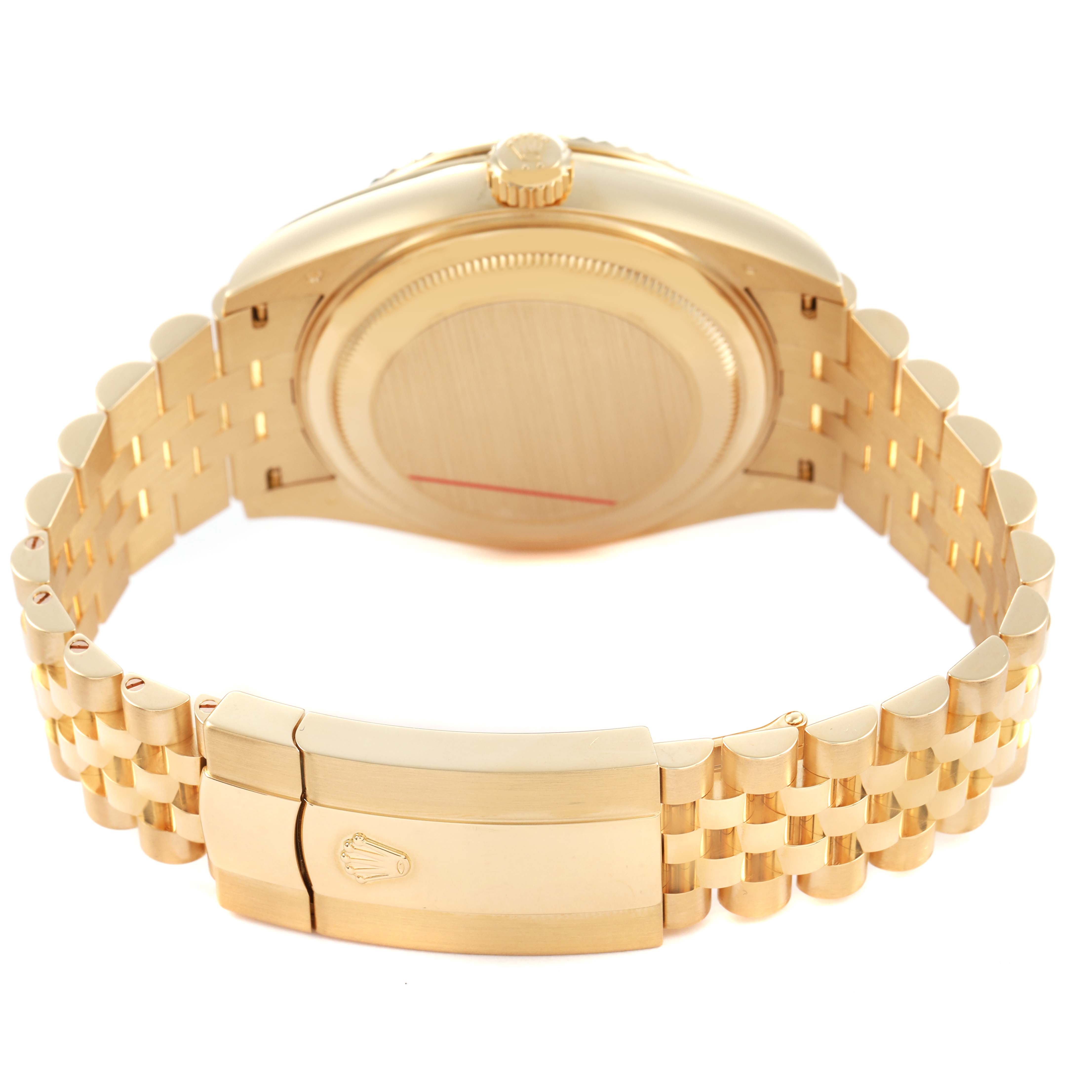 The image shows the Rolex Sky-Dweller 336938 Men's Yellow Gold Black Dial's back case, clasp, and bracelet from a rear angle.