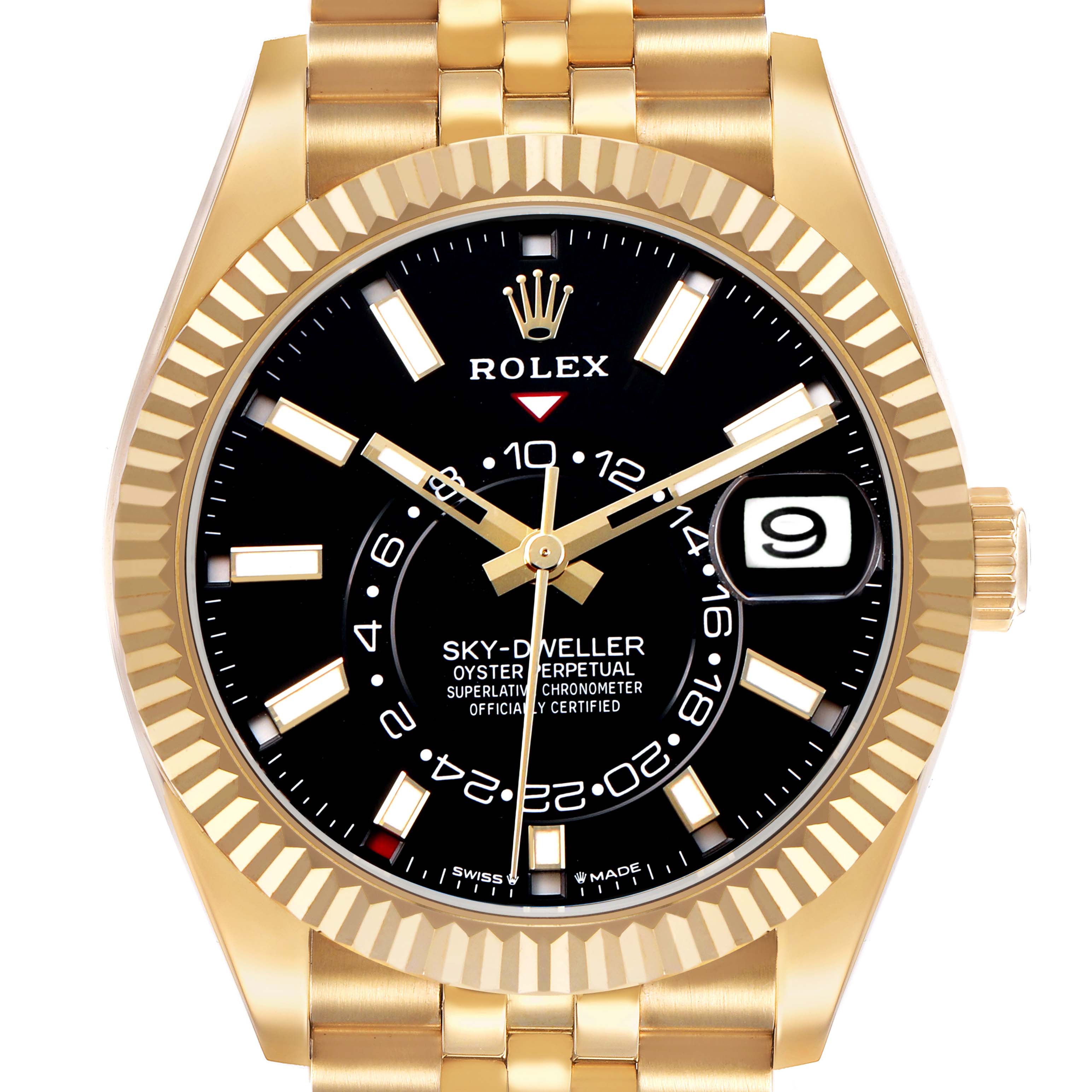 The image shows a Rolex Sky-Dweller 336938 Men's Yellow Gold Black Dial watch face from the front, highlighting the dial, bezel, and bracelet.