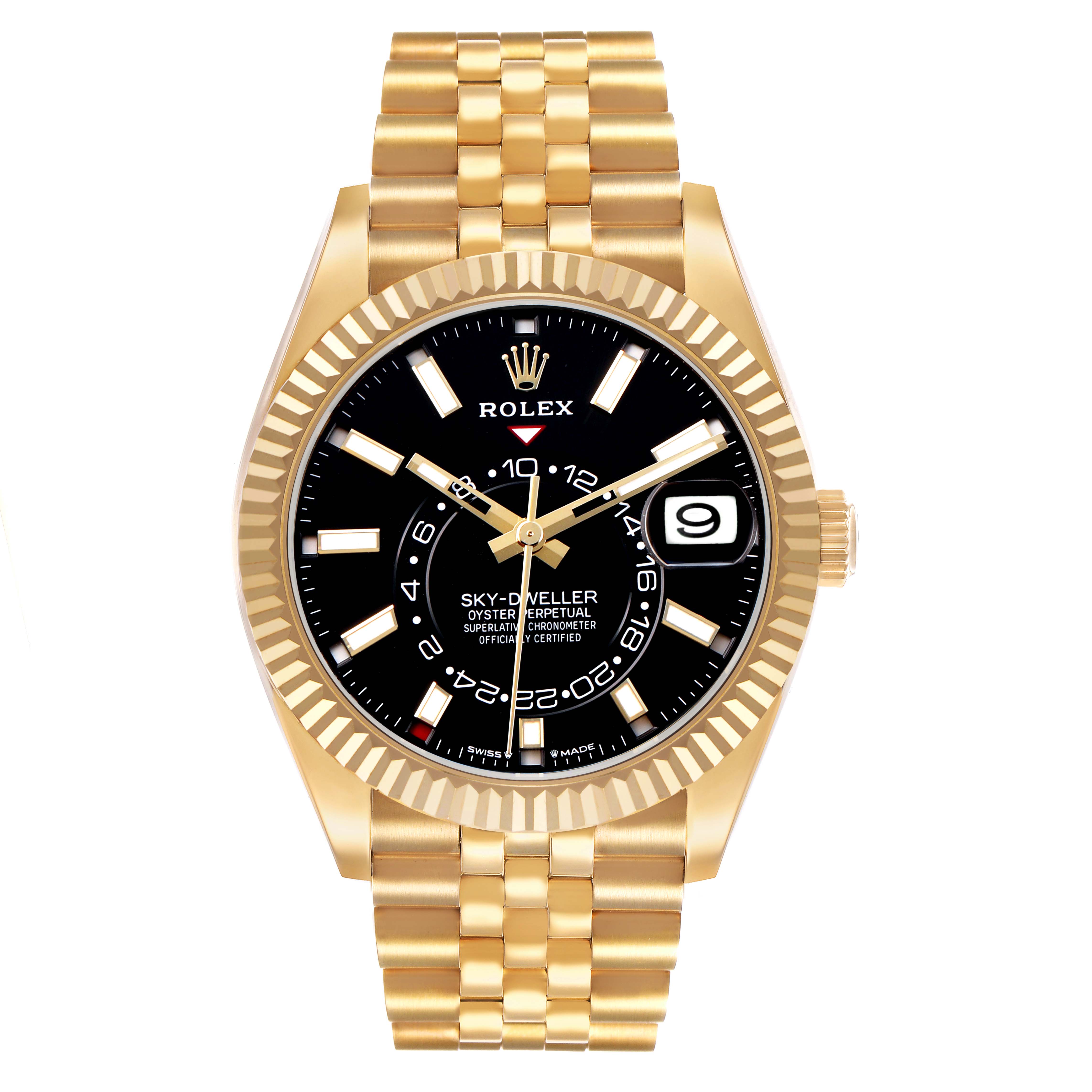 The Rolex Sky-Dweller 336938 Men's Yellow Gold Black Dial watch is shown from the front, displaying its black dial, gold bezel, markers, and bracelet.
