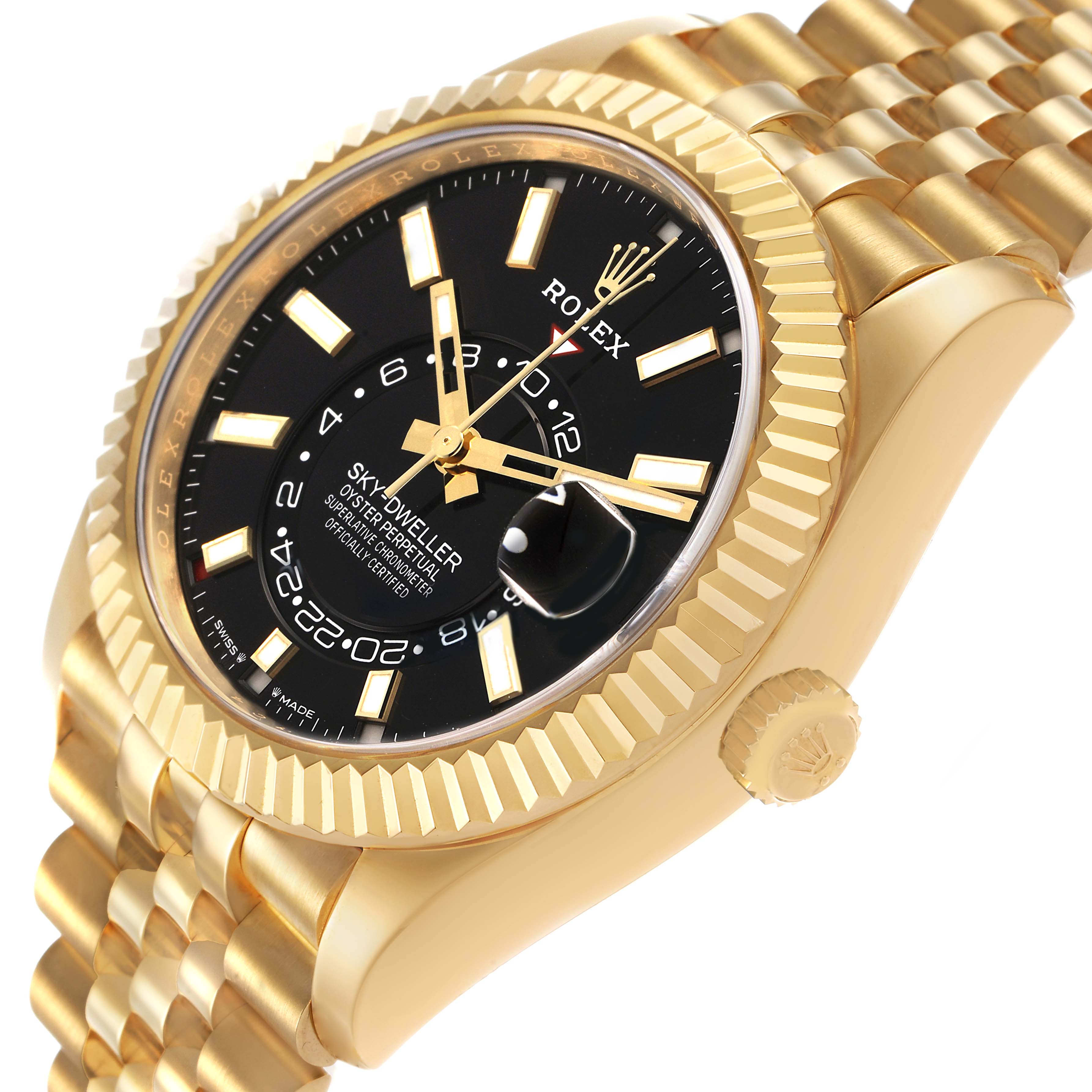 The image shows a Rolex Sky-Dweller 336938 Men's Yellow Gold Black Dial watch at an angle emphasizing the bezel, crown, and part of the bracelet.