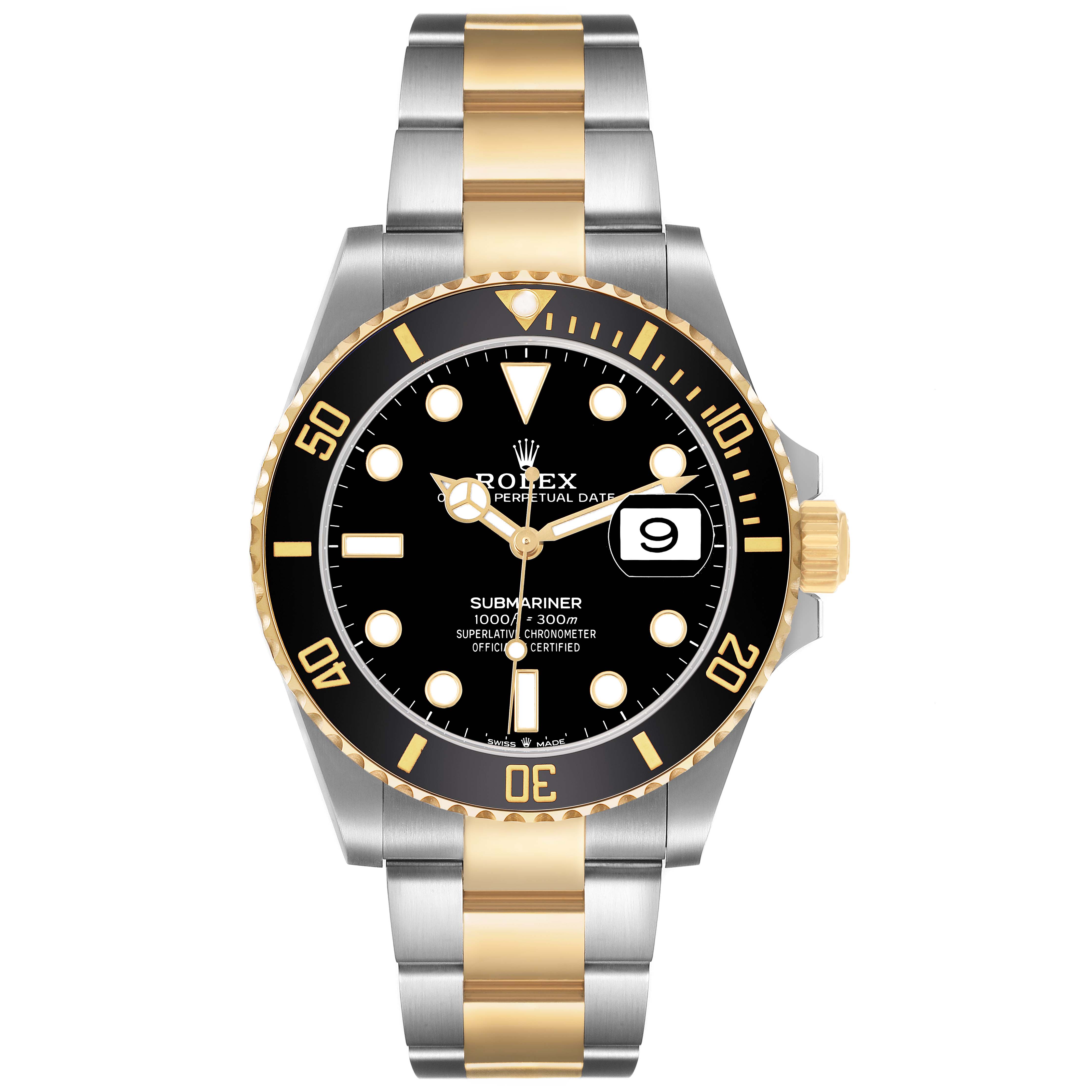 The Rolex Submariner M126613LN-0002 Men's Steel and Gold (two tone) Black Dial watch is shown from a front angle, highlighting its bezel, dial, and two-tone bracelet.