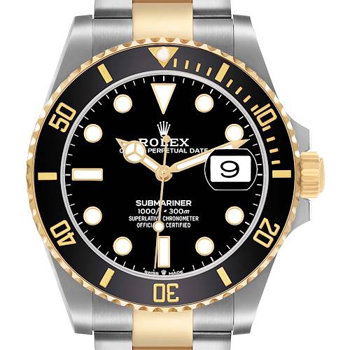 The Rolex Submariner M126613LN-0002 Men's Steel and Gold (two tone) Black Dial is shown from the front, featuring the dial, bezel, crown, and part of the bracelet.