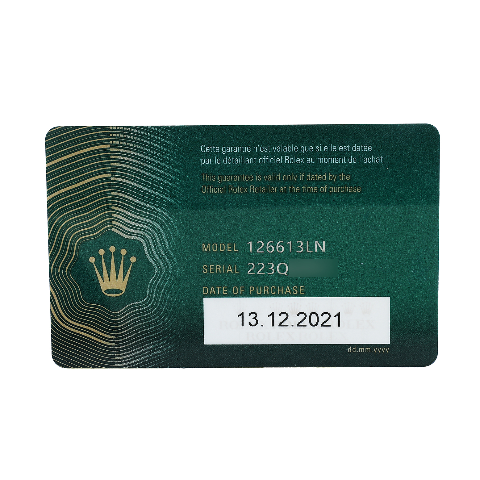 The image shows a flat, front-view of a guarantee card for a Rolex Submariner M126613LN-0002 Men's Steel and Gold (two tone) Black Dial model 126613LN.