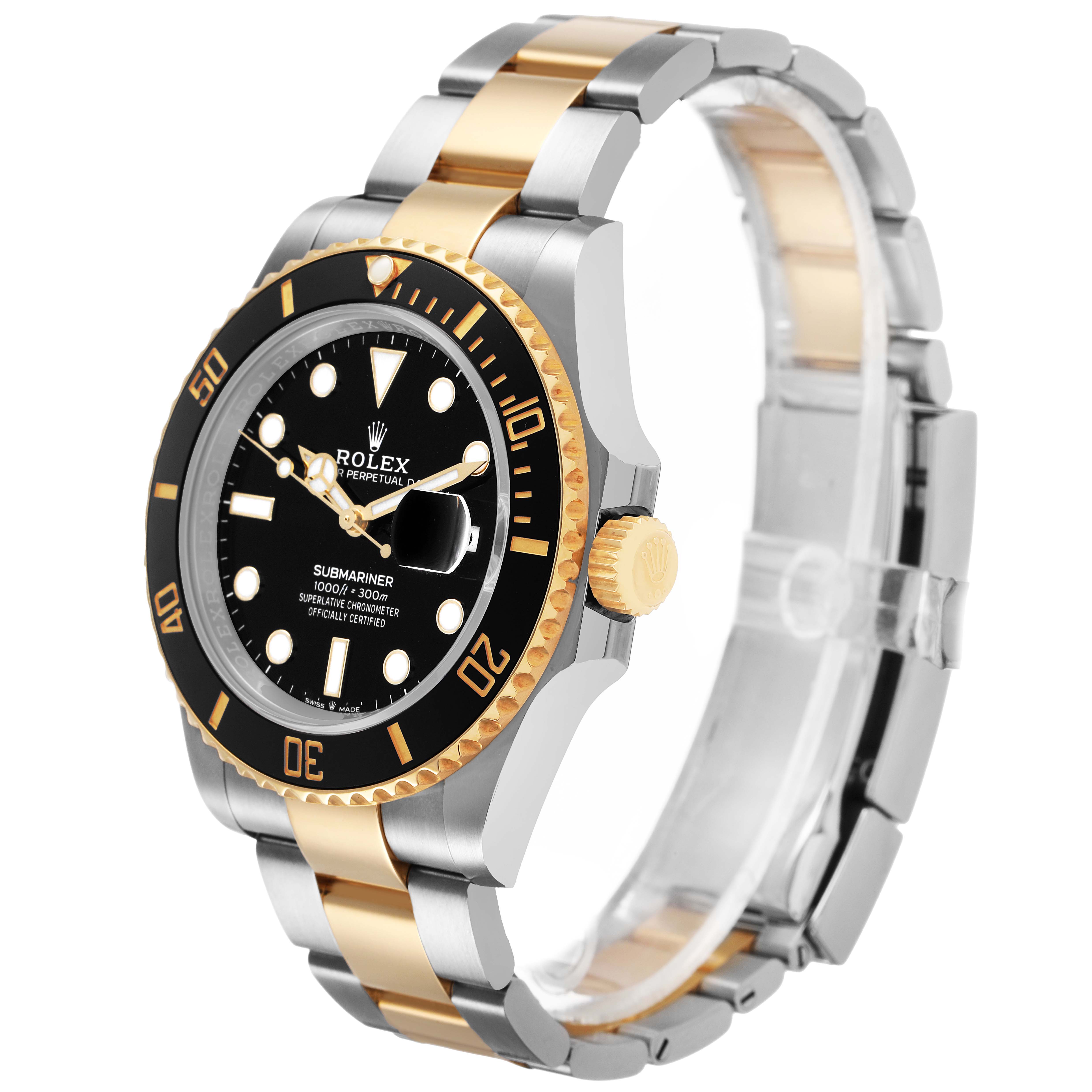 The Rolex Submariner M126613LN-0002 Men's Steel and Gold (two tone) Black Dial watch is shown at a three-quarter angle, highlighting the bezel, dial, crown, and bracelet.