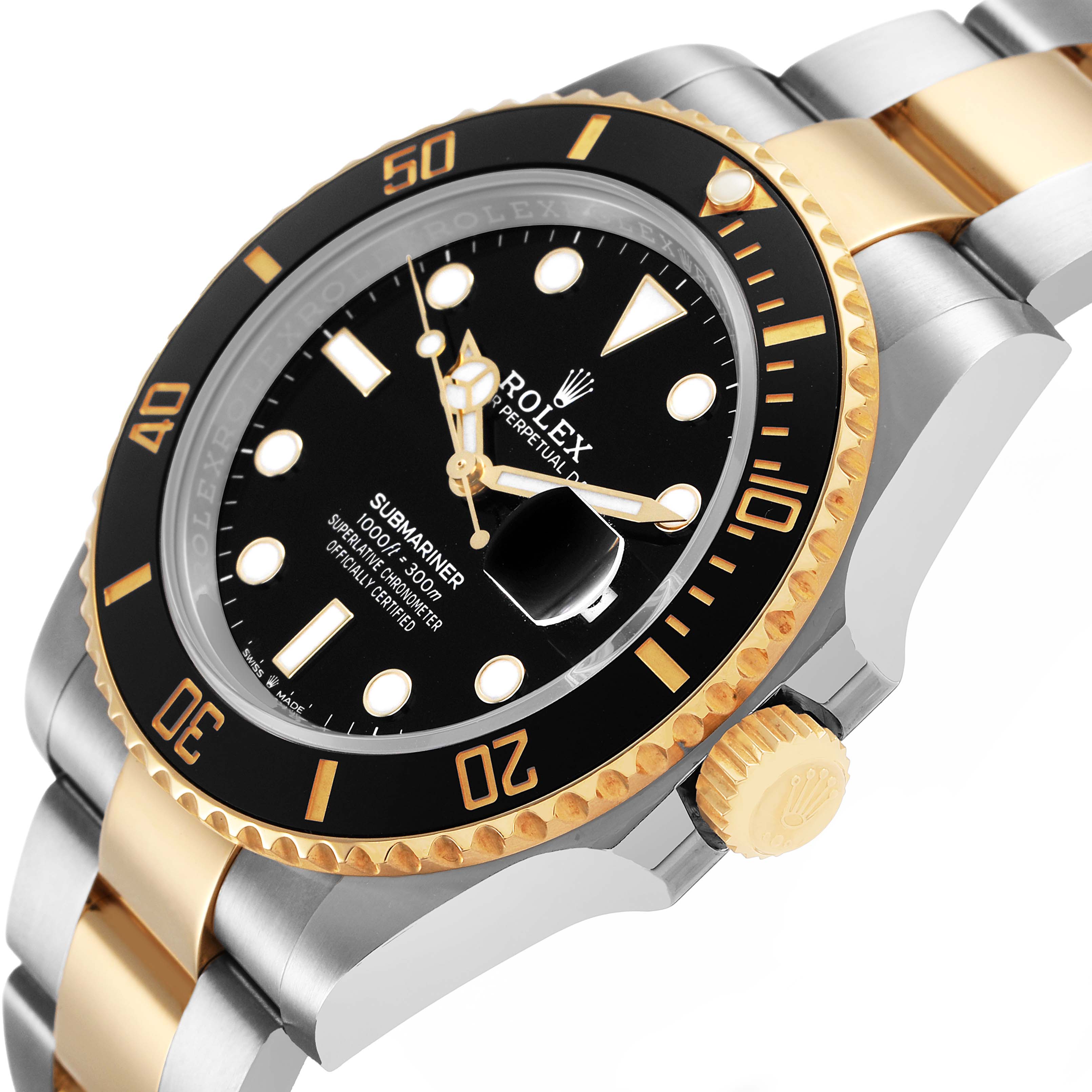 The Rolex Submariner M126613LN-0002 Men's Steel and Gold (two tone) Black Dial watch is shown at a side angle, highlighting the black and gold bezel, dial, crown, and two-tone bracelet.
