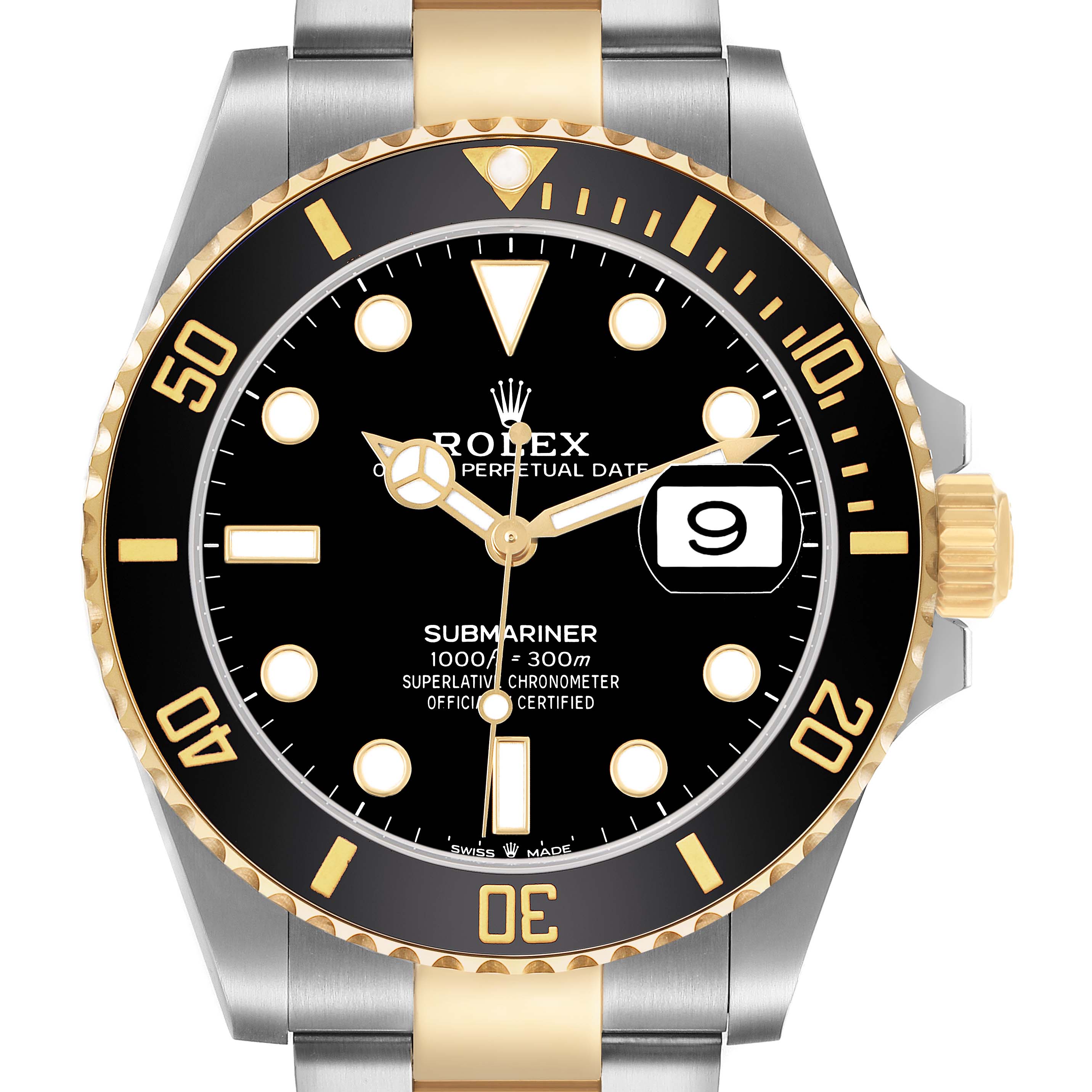 The Rolex Submariner M126613LN-0002 Men's Steel and Gold (two tone) Black Dial watch is shown from the front, highlighting the dial, bezel, and part of the bracelet.