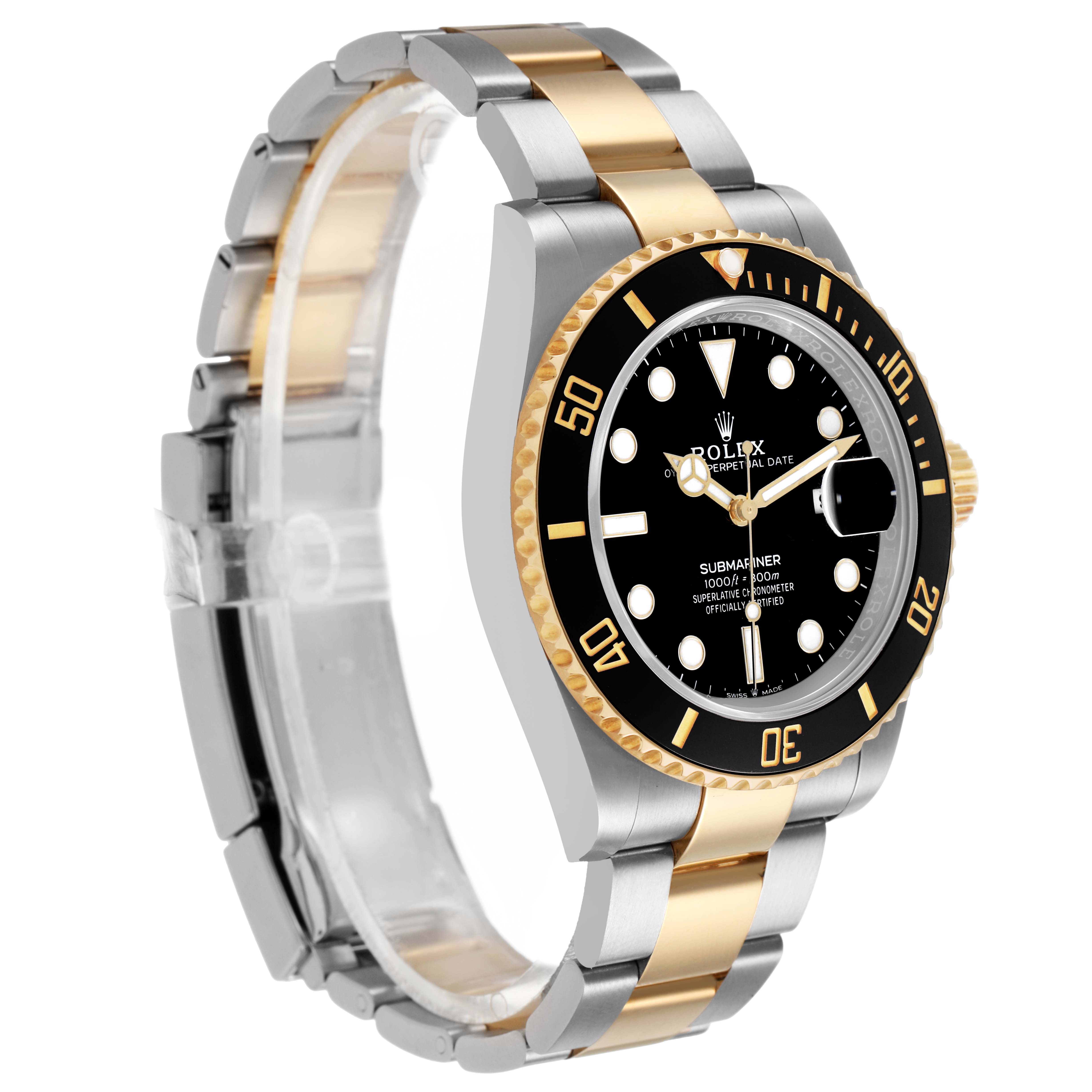 The Rolex Submariner M126613LN-0002 Men's Steel and Gold (two tone) Black Dial is shown at an angle highlighting the bezel, dial, and two-tone bracelet.