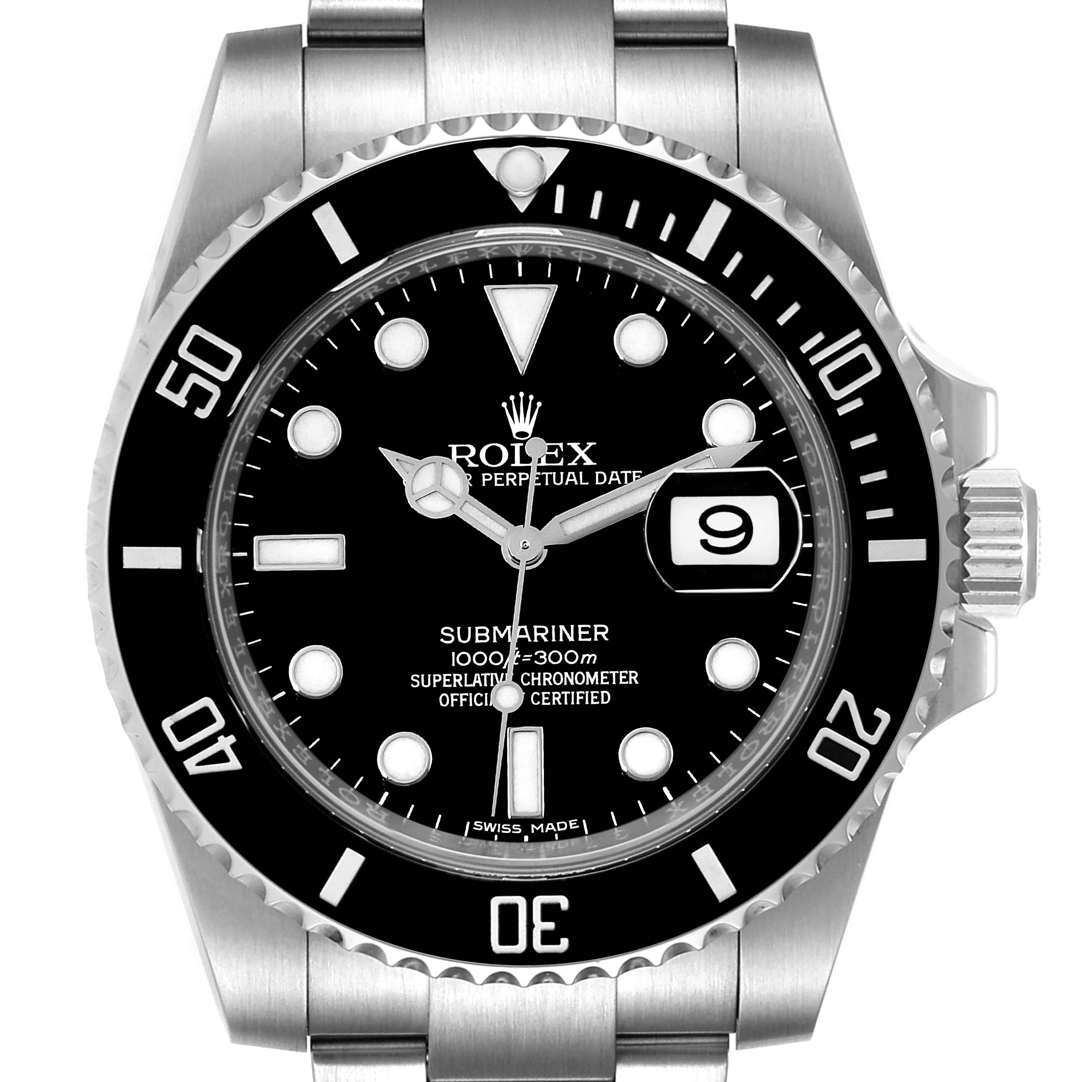 This image shows a front view of the Rolex Submariner 116610 Men
s Stainless Steel Black Dial 116610 Men
s Stainless Steel Black Dial model, highlighting its dial, bezel, and part of the bracelet.