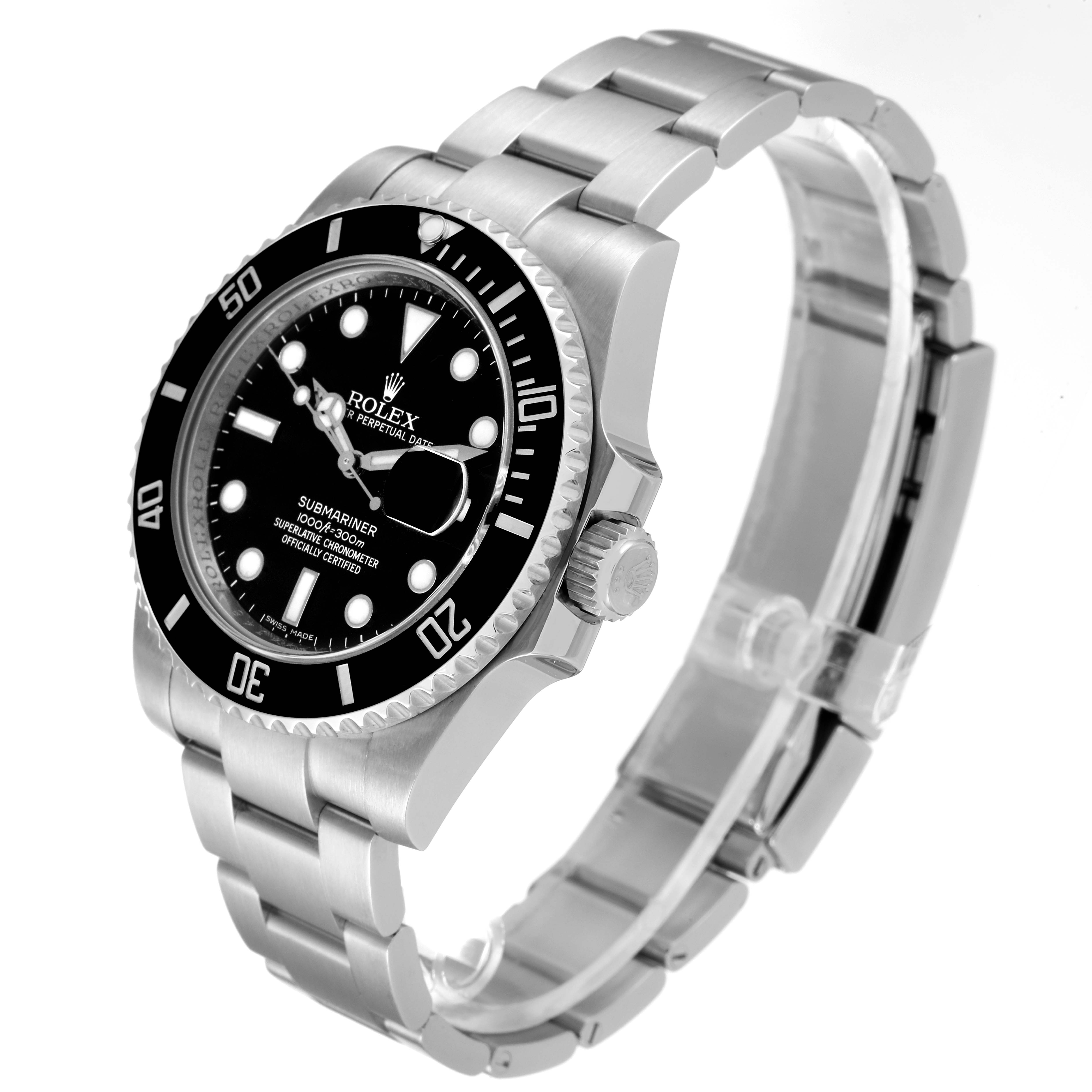 The image shows a side angle of the Rolex Submariner 116610 Men
s Stainless Steel Black Dial 116610 Men
s Stainless Steel Black Dial watch, highlighting its bracelet, bezel, and dial.