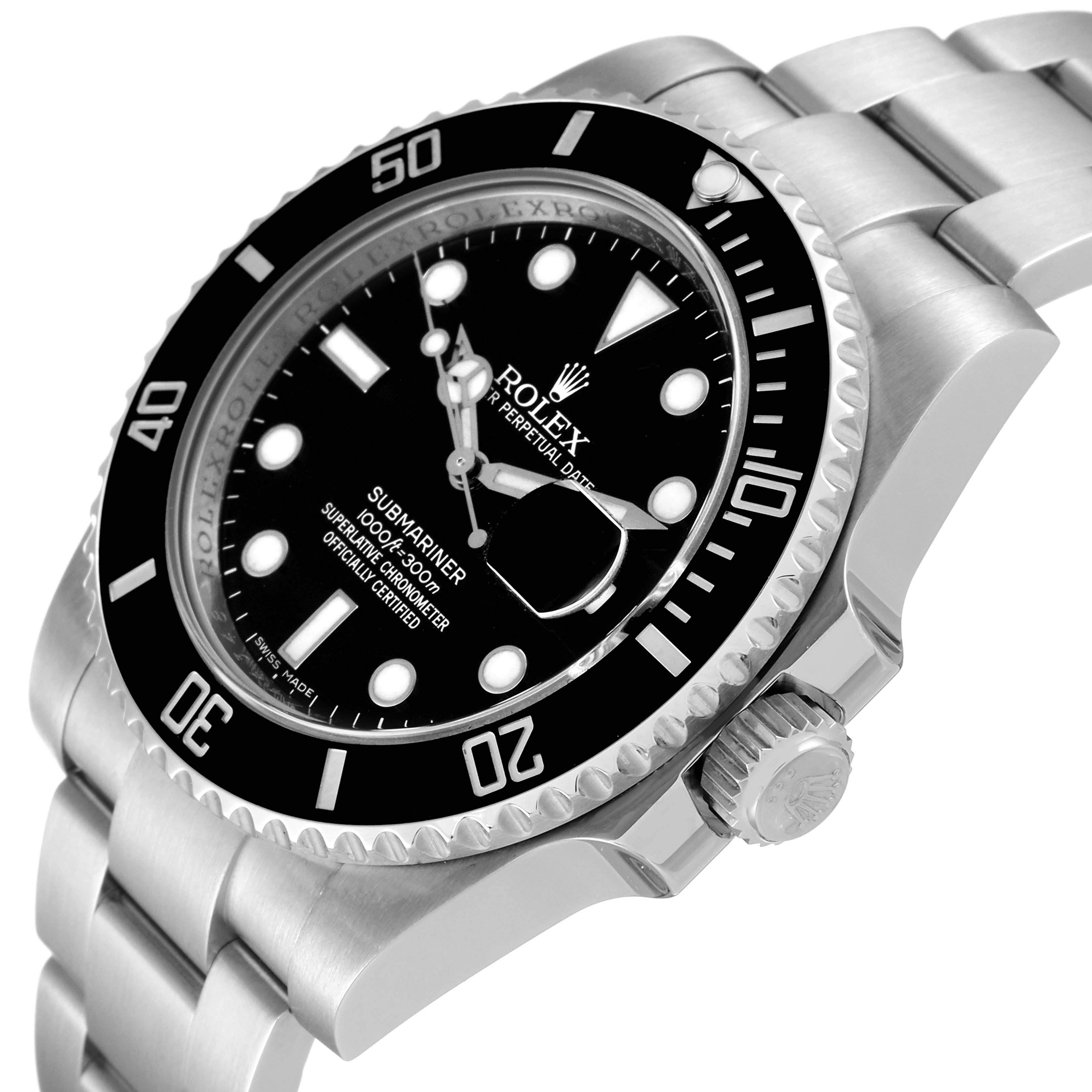 This image shows a Rolex Submariner 116610 Men
s Stainless Steel Black Dial 116610 Men
s Stainless Steel Black Dial watch from an angled side view, highlighting the bezel, dial, and crown.