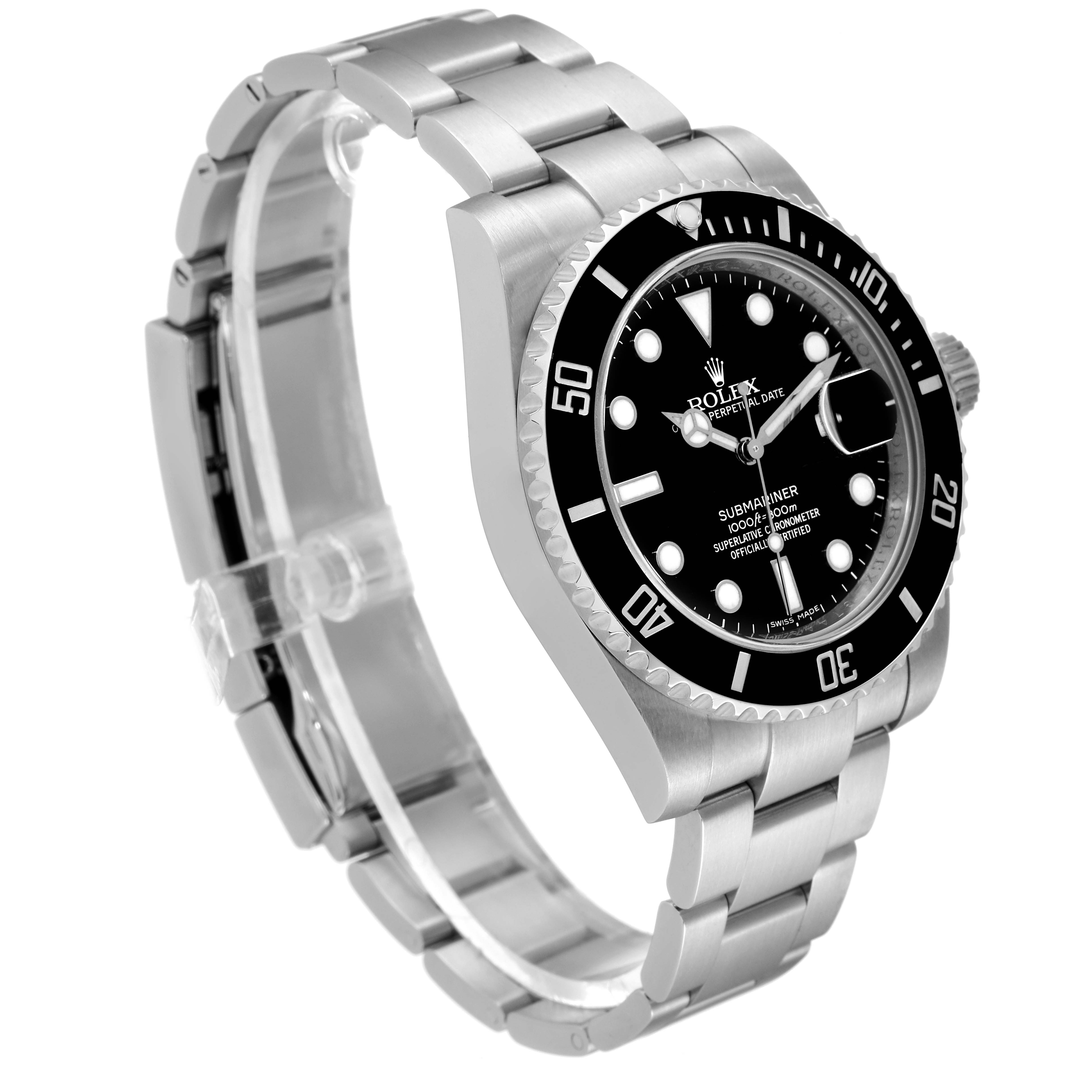 This image shows a side angle view of the Rolex Submariner 116610 Men
s Stainless Steel Black Dial 116610 Men
s Stainless Steel Black Dial watch, focusing on the bezel, dial, and metal bracelet.