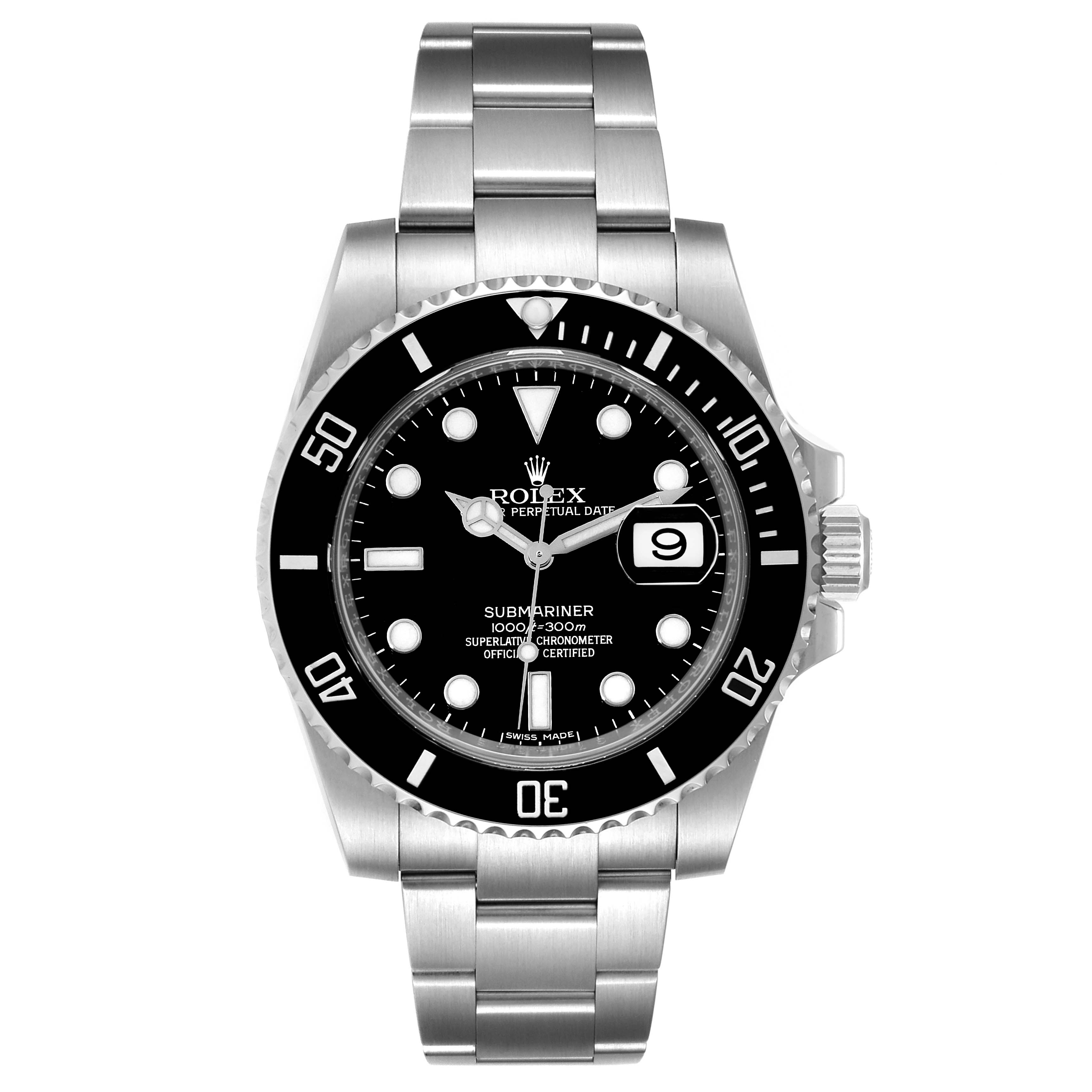 This image shows a front view of a Rolex Submariner 116610 Men
s Stainless Steel Black Dial 116610 Men
s Stainless Steel Black Dial watch, including the dial, bezel, bracelet, and crown.